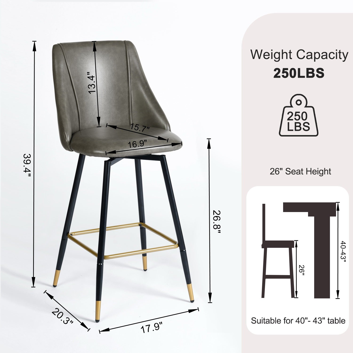 Homy Casa SMEG Counter Grey PU Swivel Barstool 20.08" W x 18.5" D x 38.39" H Bar Seating