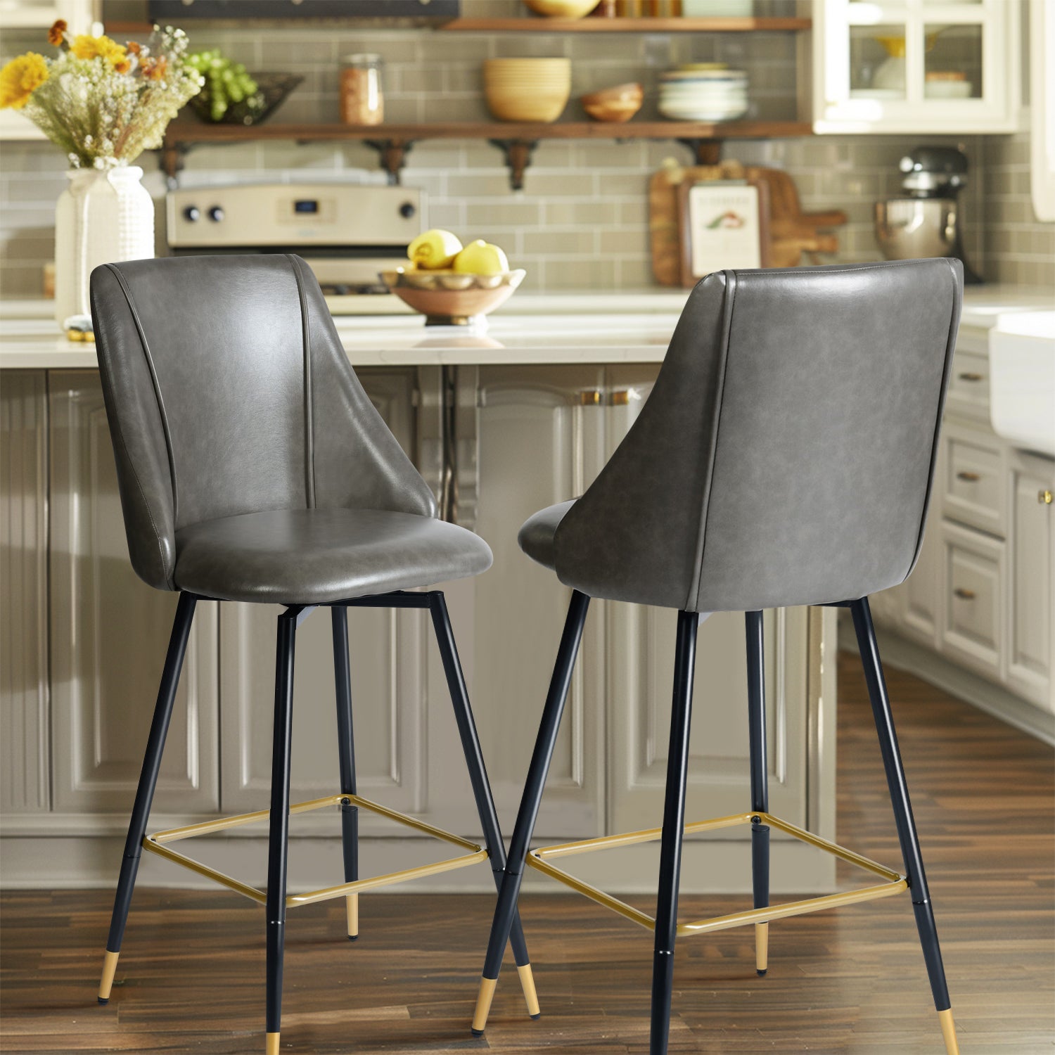 Homy Casa SMEG Counter Grey PU Swivel Barstool 20.08" W x 18.5" D x 38.39" H Bar Seating