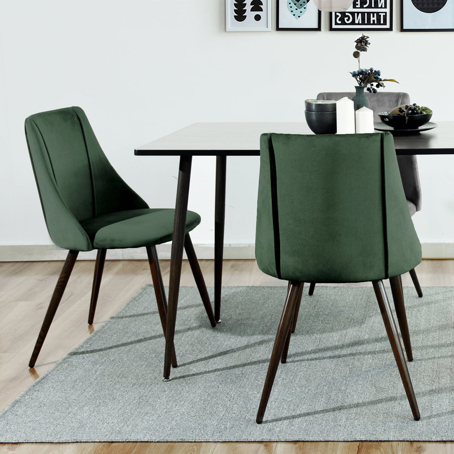 Homy Casa Rosa 5PC Dining Set 47" Walnut Table with 4 Smeg Dark Green Velvet Chairs Mid Century Style