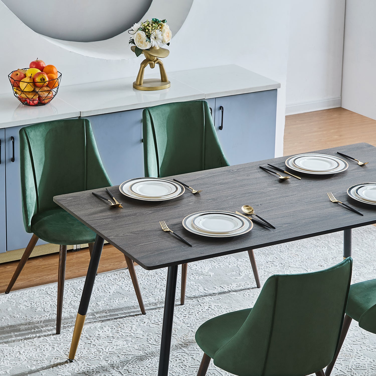 Homy Casa Rosa 5PC Dining Set 47" Walnut Table with 4 Smeg Dark Green Velvet Chairs Mid Century Style