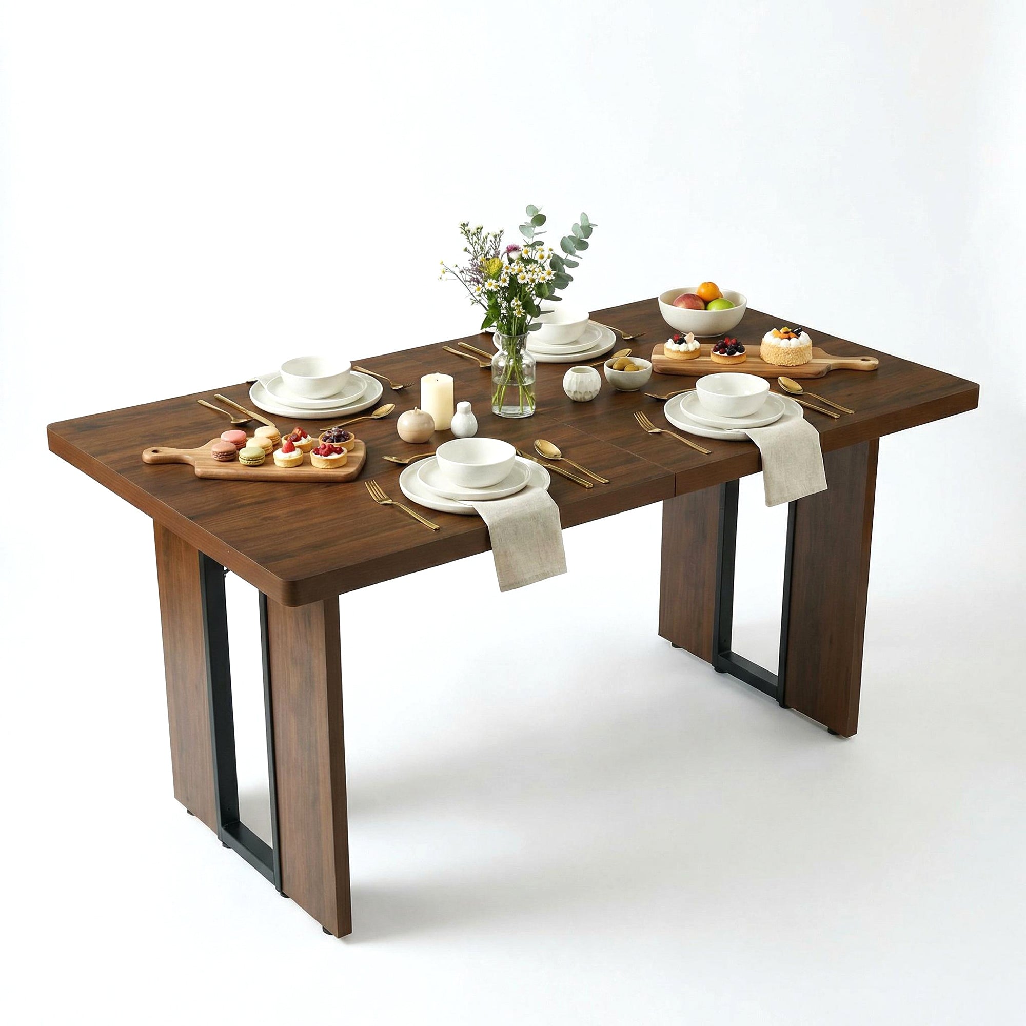 Homy Casa SORIAN 7PC Industrial Dining Set 63” Vintage Brown Table with 6PC Mayfair Beige Dining Arm Chairs