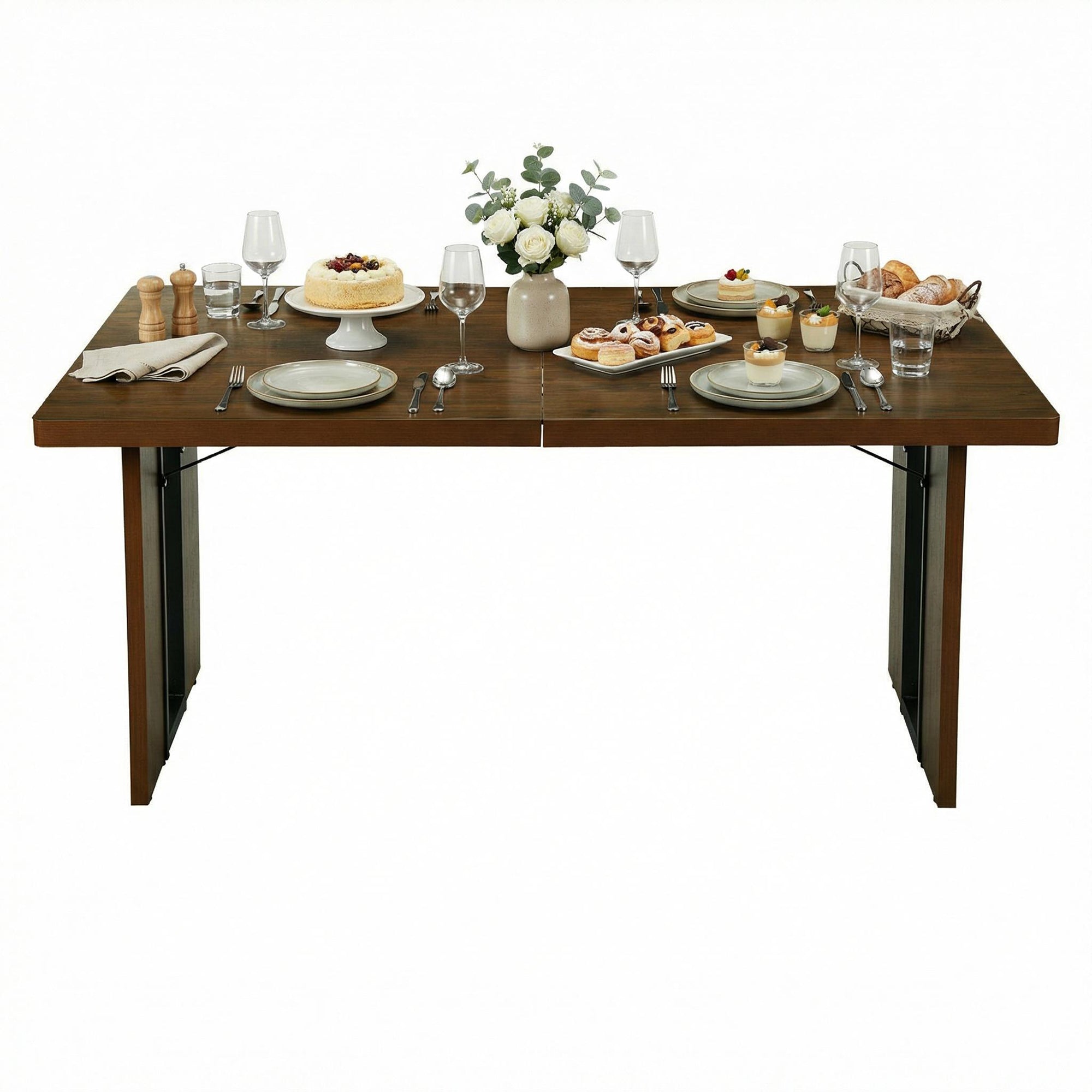 Homy Casa SORIAN 7PC Industrial Dining Set 63” Vintage Brown Table with 6PC Mayfair Beige Dining Arm Chairs