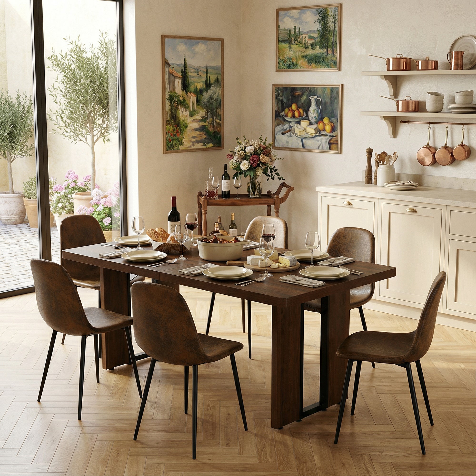 Homy Casa SORIAN 7PC Industrial Dining Set 63” Long Table with 6PC Charlton Suede Brown Dining Chairs