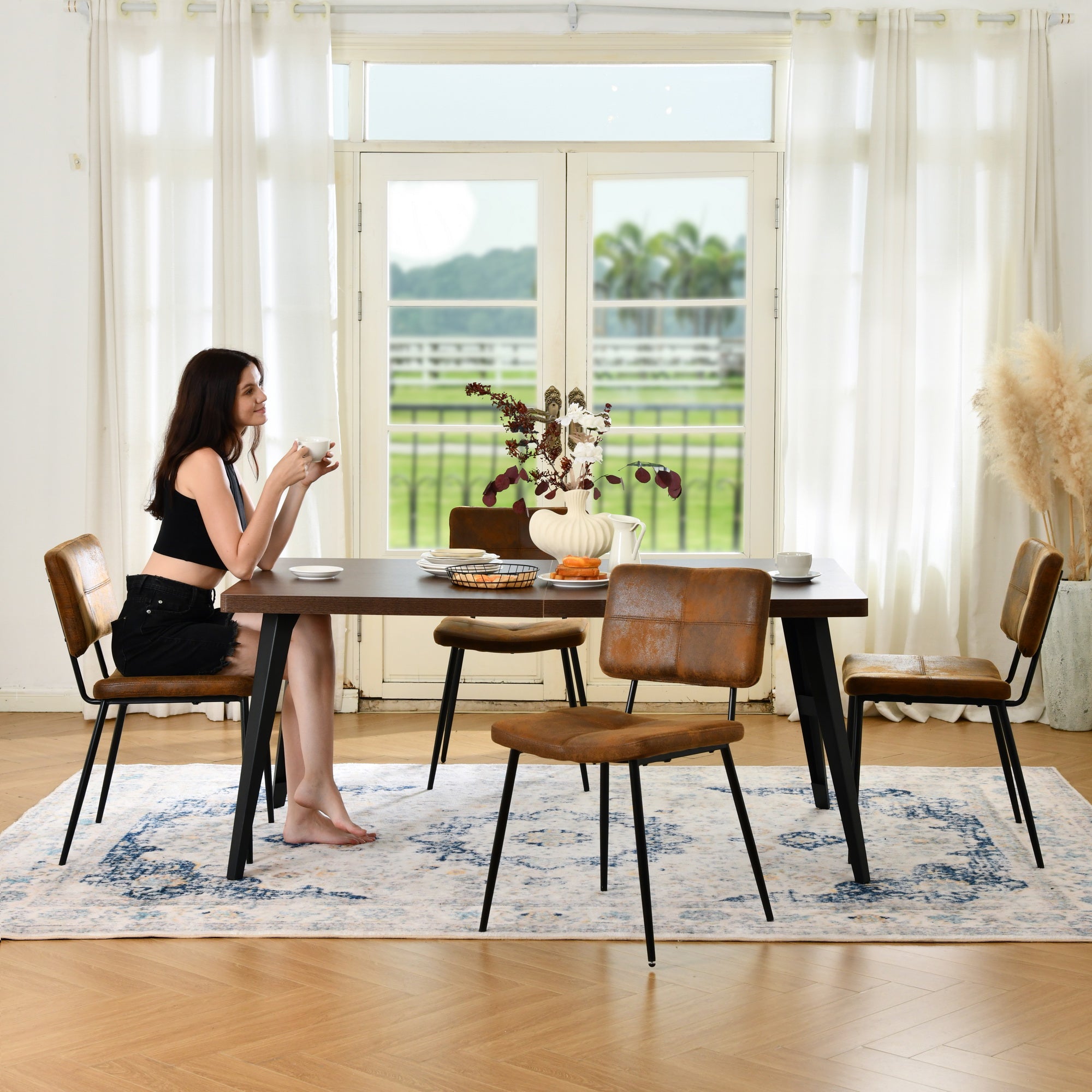 Stan 5 Piece Walnut & Pomona Upholstered Dining Set