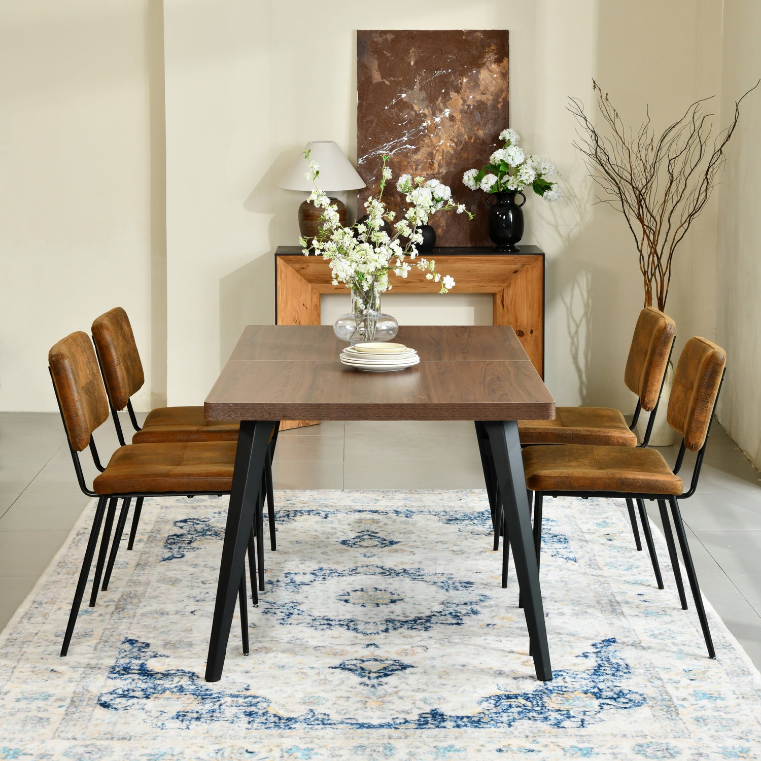 Stan Walnut Dining Table Set 63” Brown Table with 4 Pomona