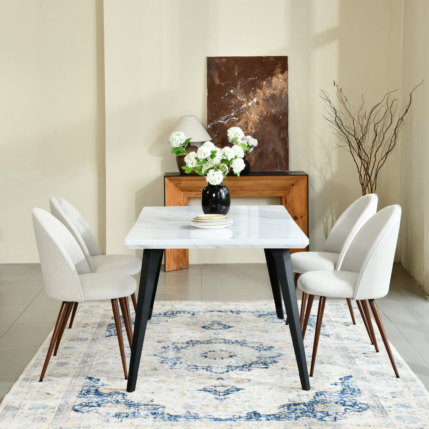 Stan 5 Piece White & Haven Upholstered Dining Set