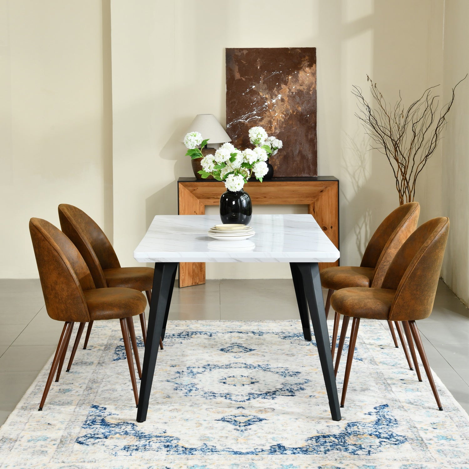 Stan 5 Piece White & Haven Upholstered Dining Set