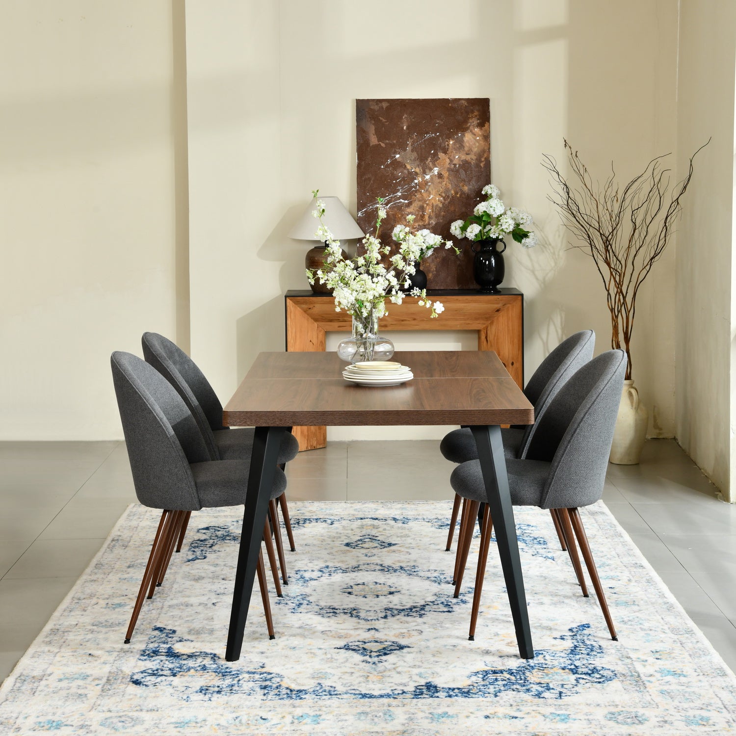 Homy Casa STAN+HAVEN 5PC Dining Set 63” Vintage Brown Table with 4 Haven Grey Fabric Chairs Walnut Legs