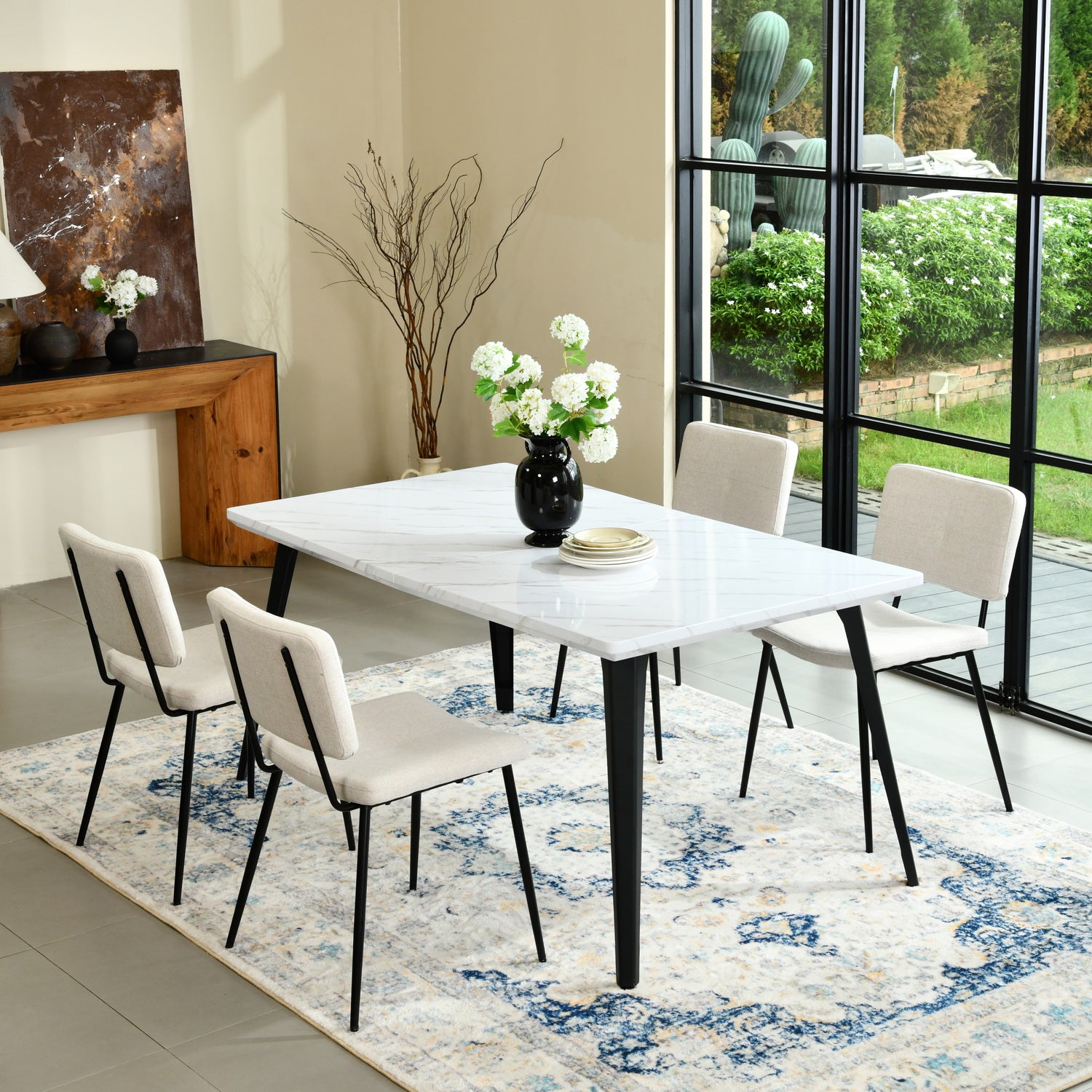 Stan 5 Piece White & Pomona Upholstered Dining Set