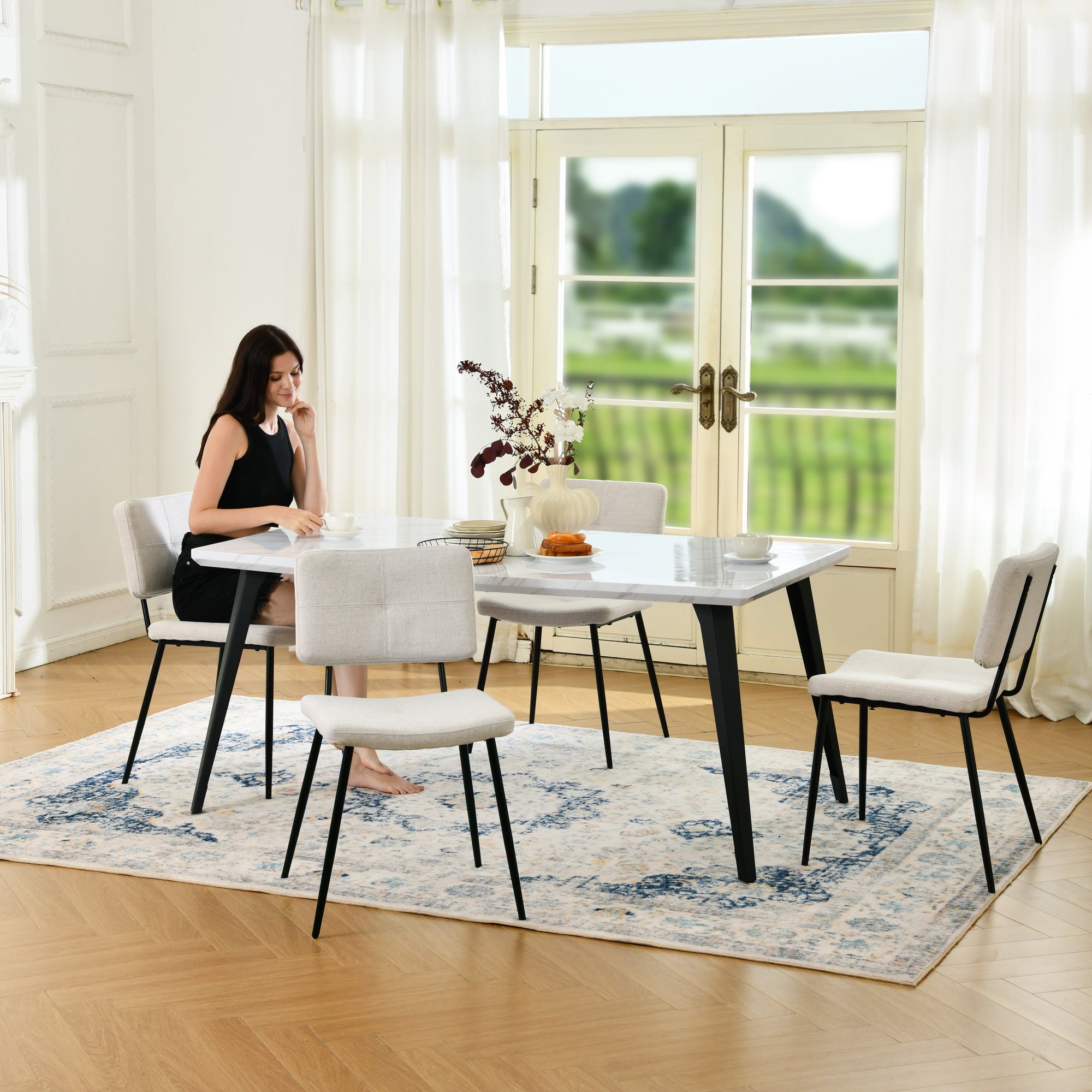Stan 5 Piece White & Pomona Upholstered Dining Set