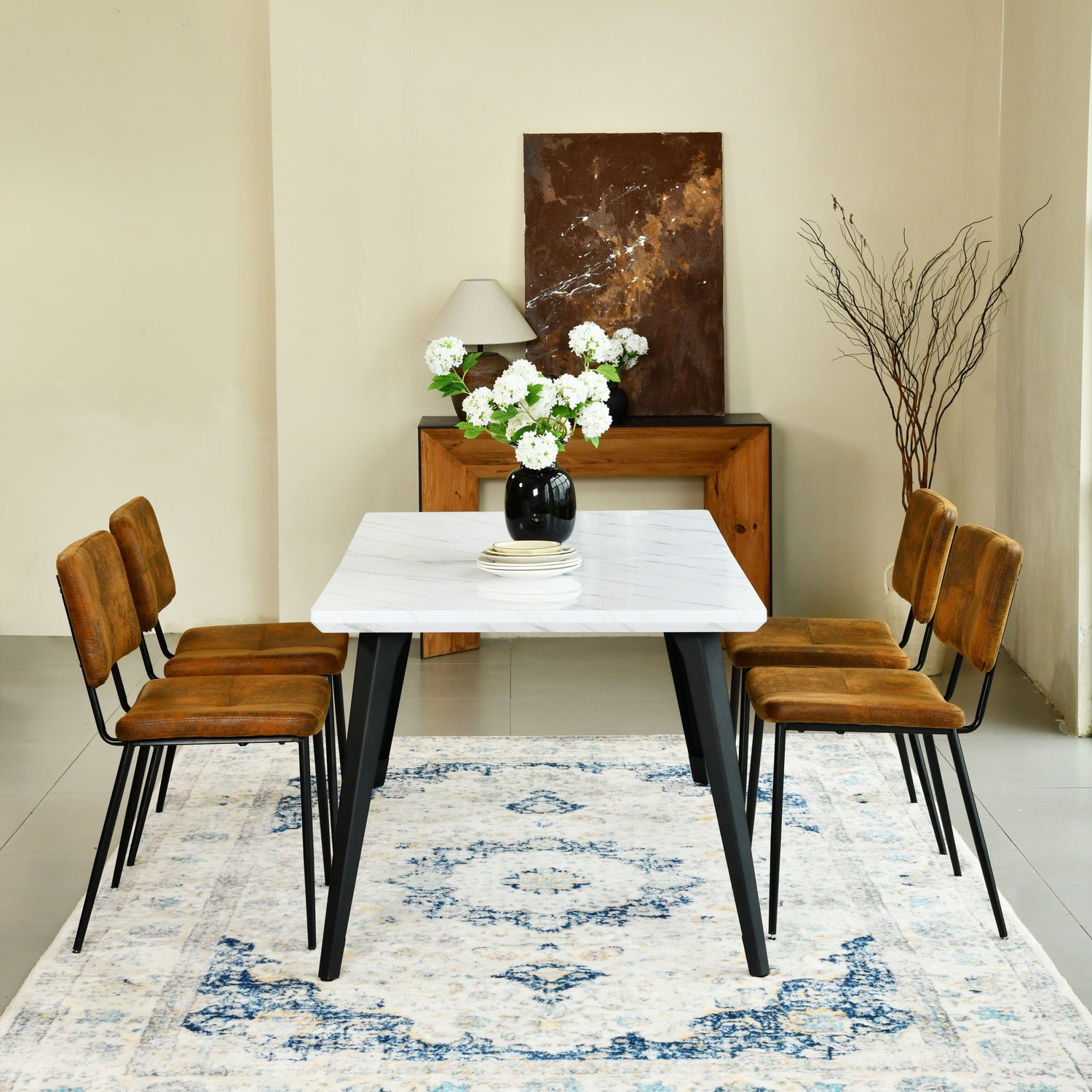 Stan 5 Piece White & Pomona Upholstered Dining Set