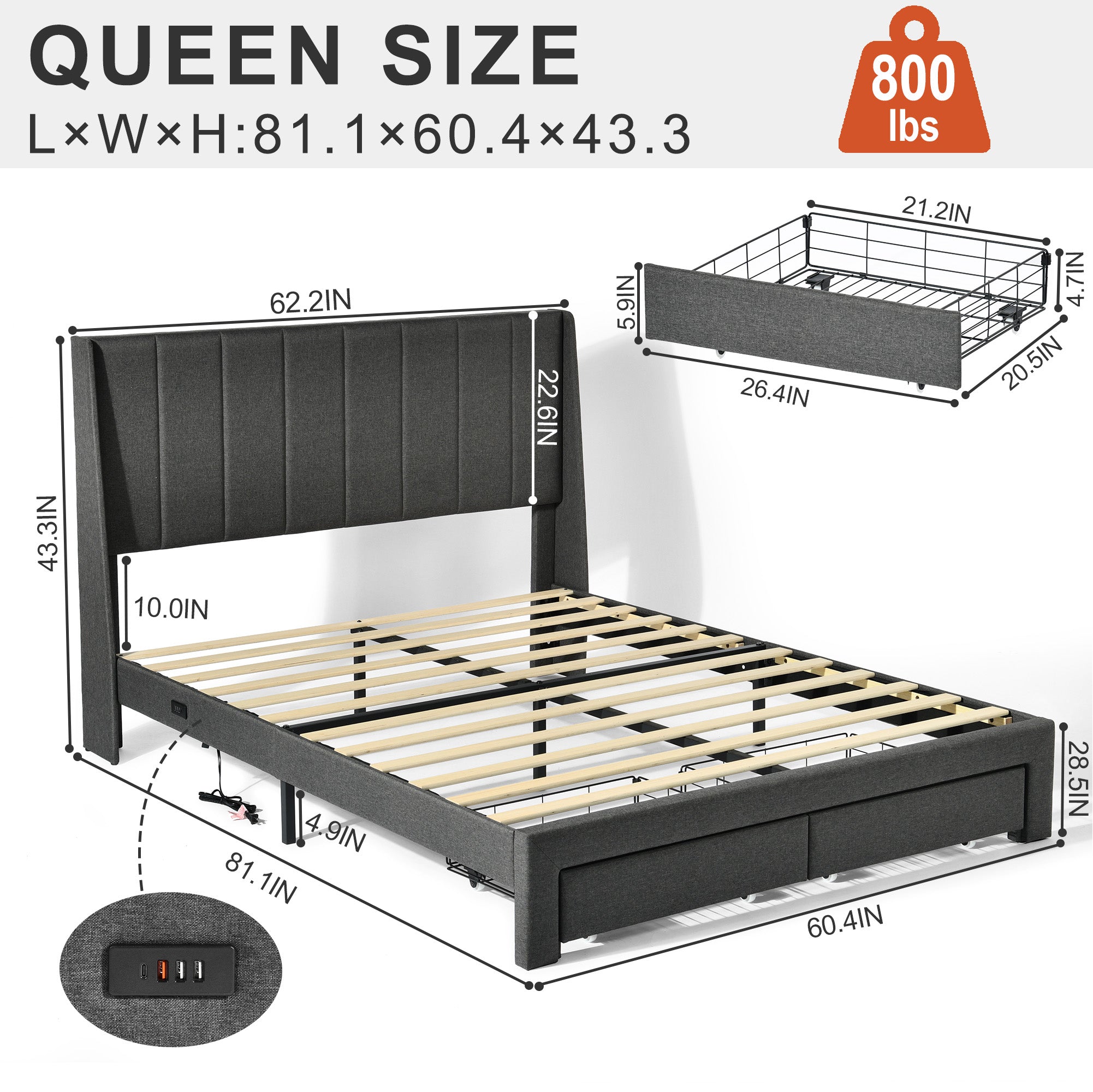 SUMMIT Upholstered Platform Bed with Wingback Headboard
