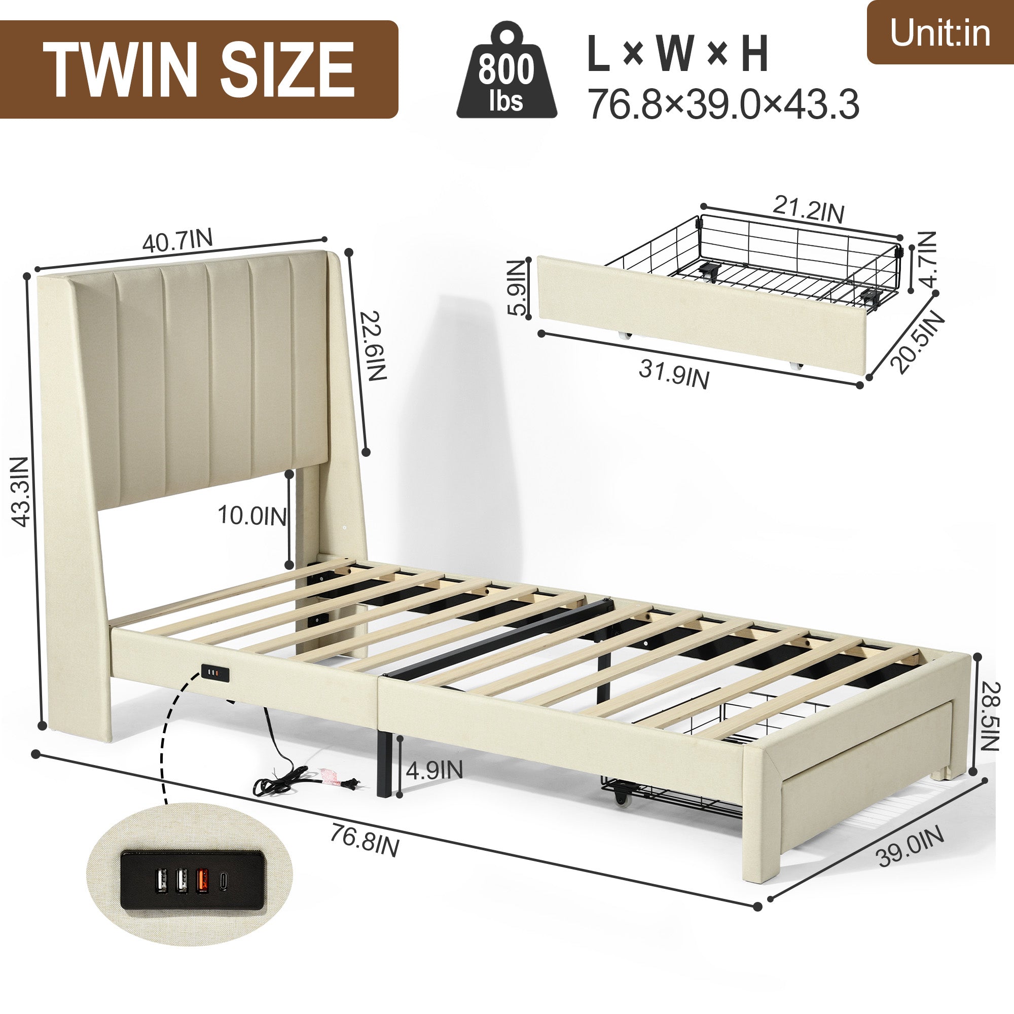 SUMMIT Upholstered Platform Bed with Wingback Headboard