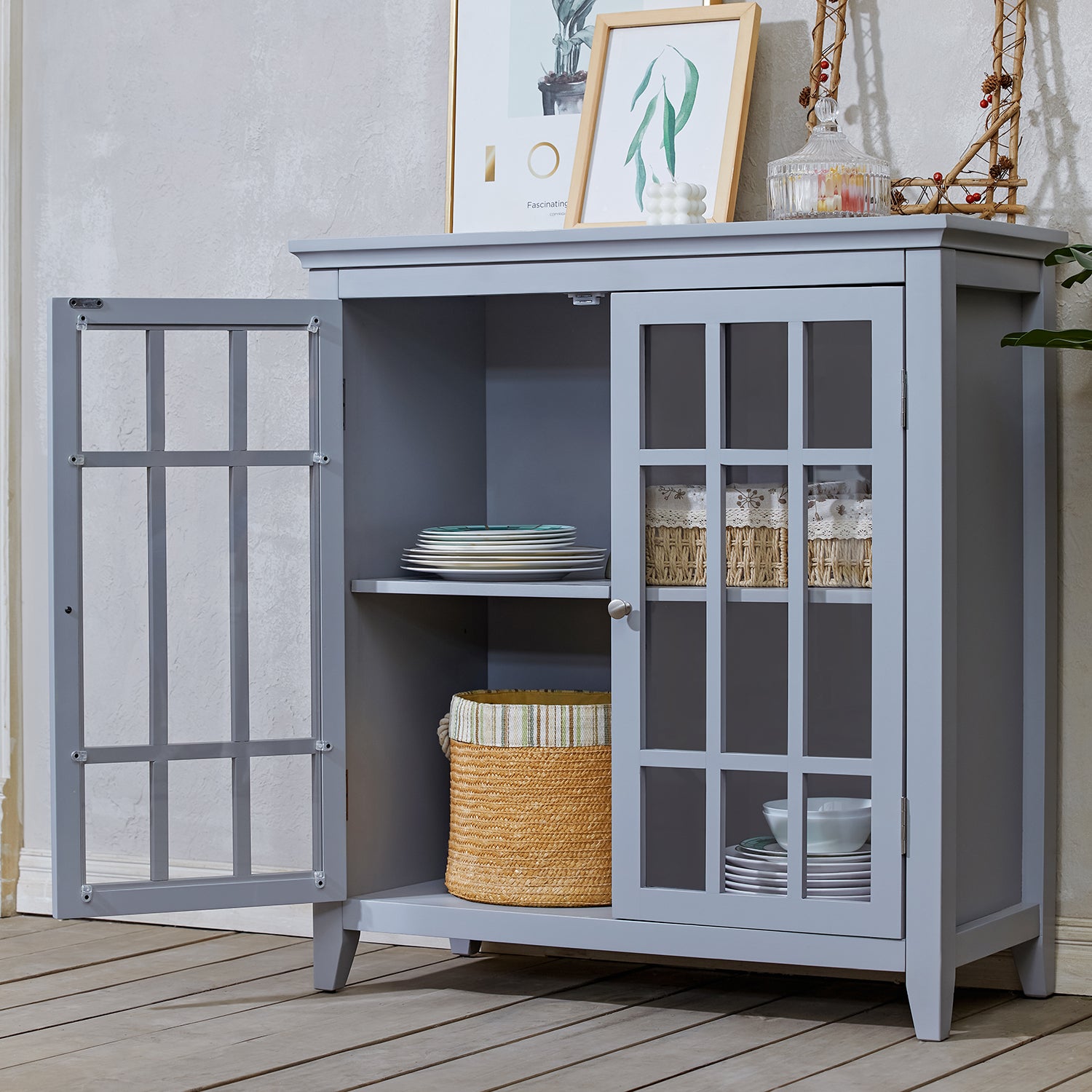 Homy Casa TANEKA GREY Storage Cabinet for Living Room, Bedroom, or Office Open Box