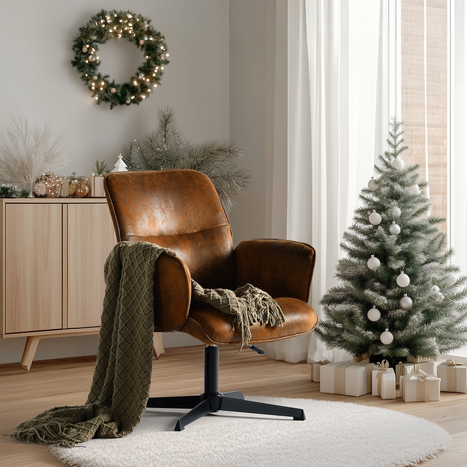 Thomasina Adjustable Office Chair in Beige & Suede Brown