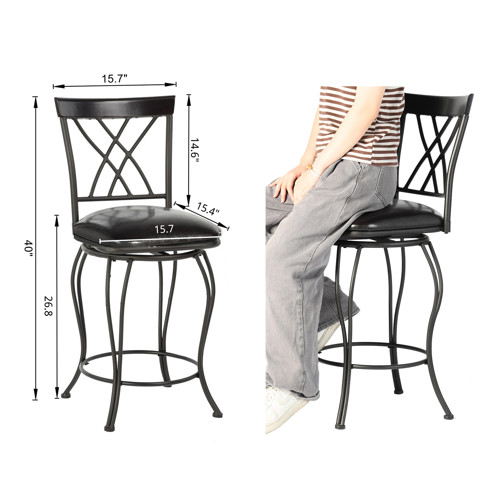 Homy Casa WICHITA 2PC Counter Height Bar Chairs, Industrial Metal & PU Upholstered, Black Open Box