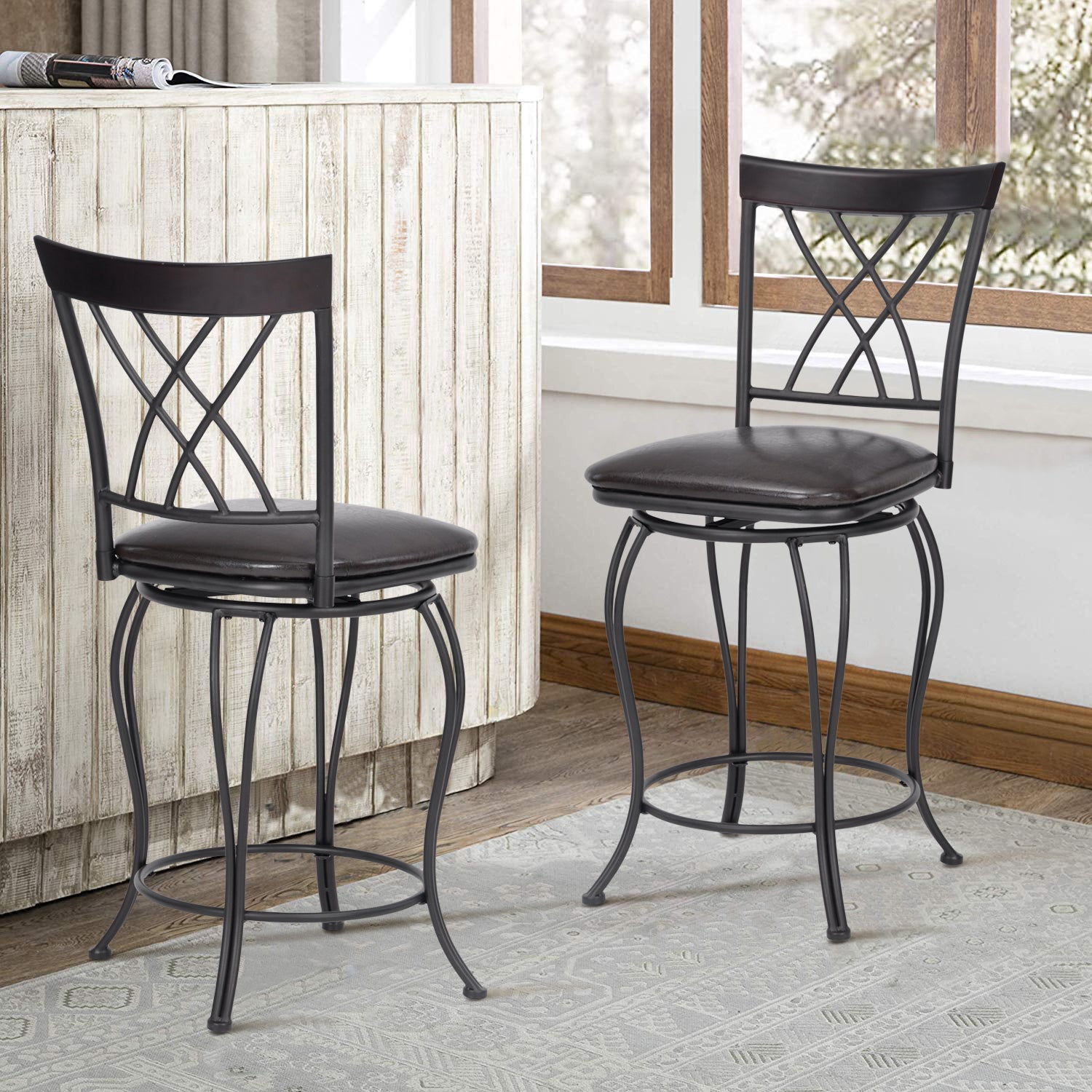 Homy Casa WICHITA 2PC 24” Counter Height Bar Chairs, Industrial Metal & PU Upholstered, Black Open Box