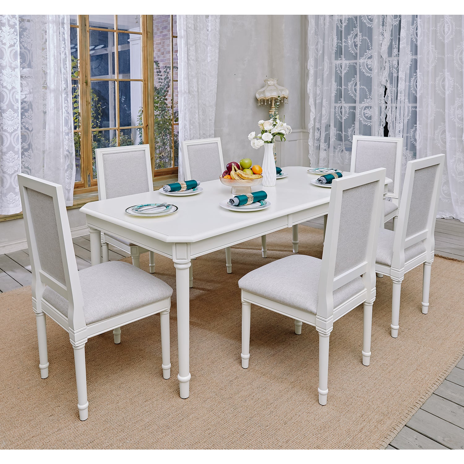 Zakir 6PC Traditional American Style Upholstered Dining Chairs White Wood Frame High Back Dining Chairs