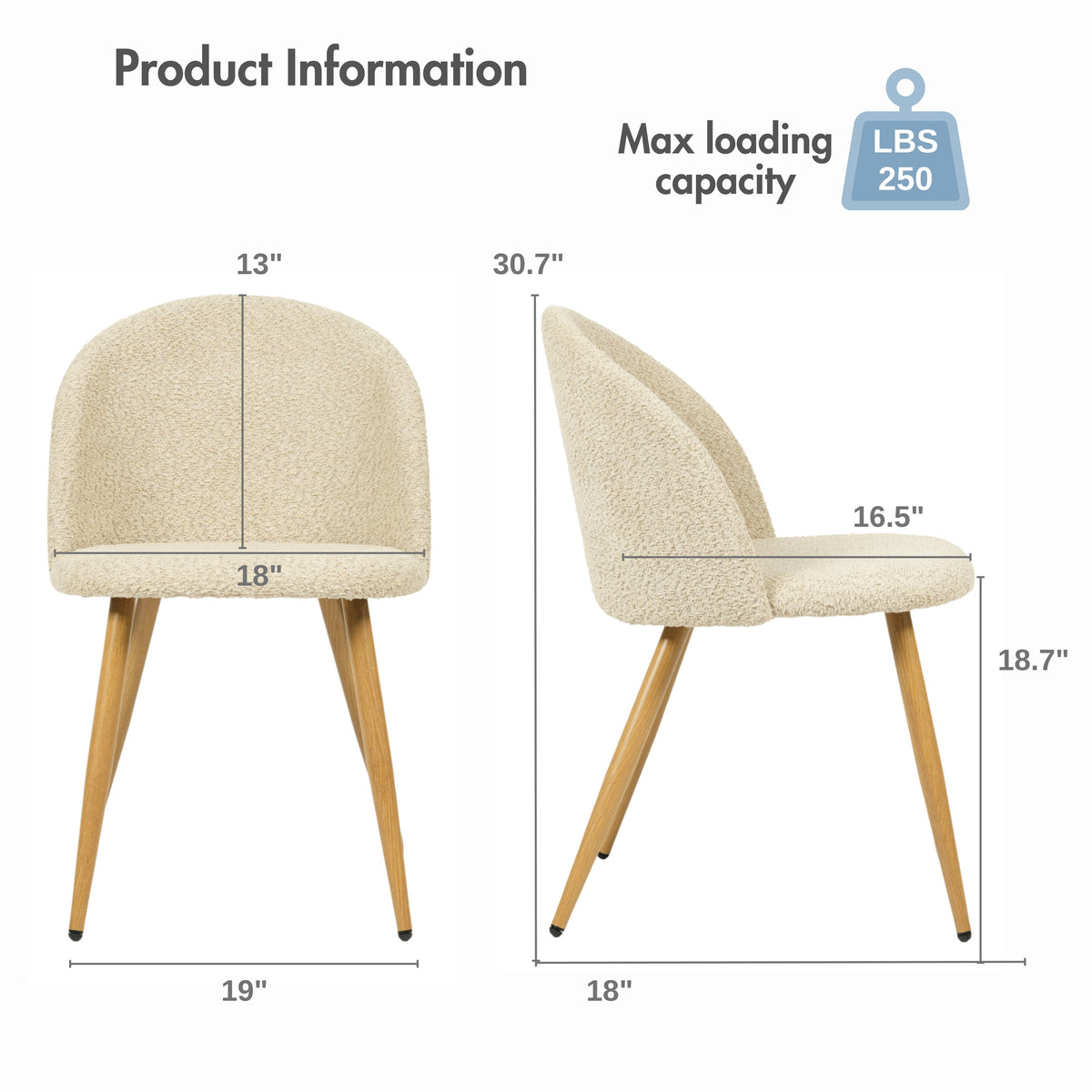Zomba Upholstered Dining Chairs, Boucle or Velvet Fabric, Oak Metal Legs