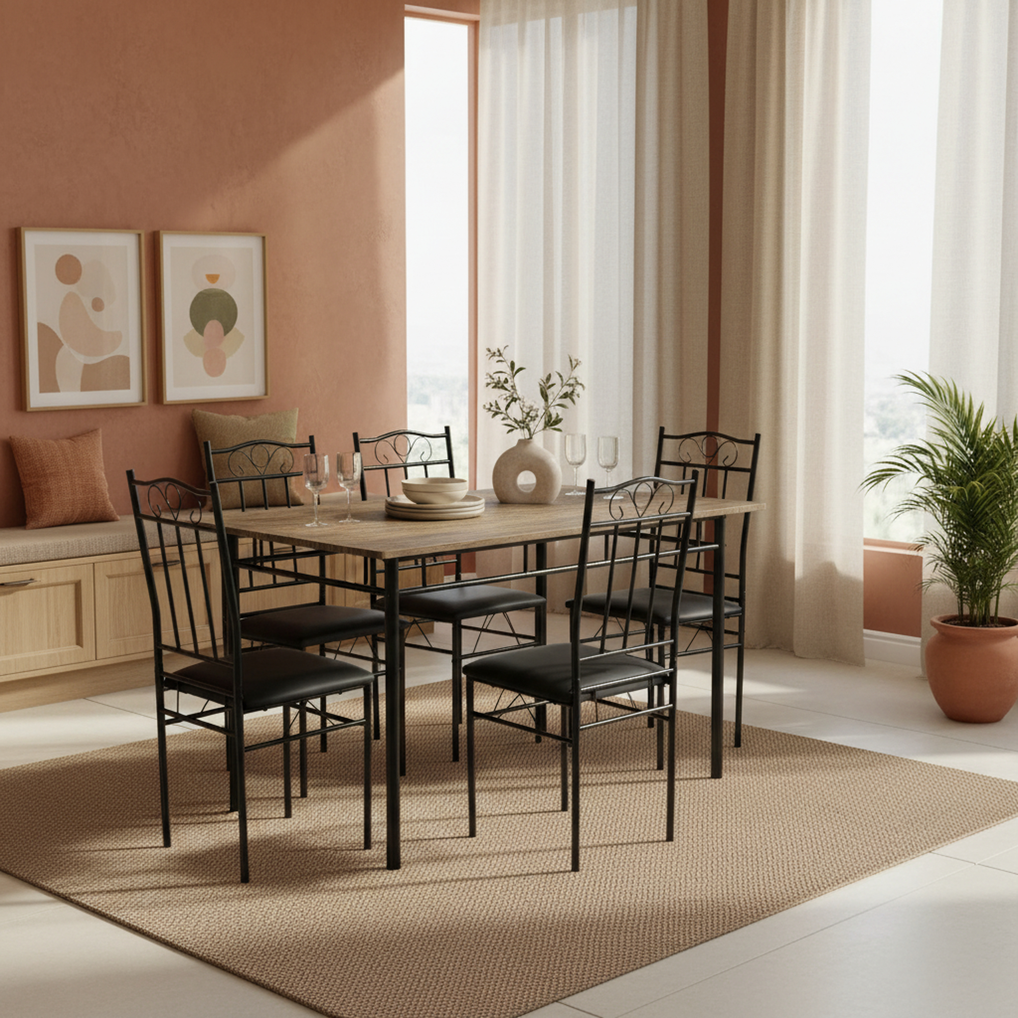 Homy Casa Norseman 7 Piece Dining Table Set 55” Table with 6 Chairs in Walnut