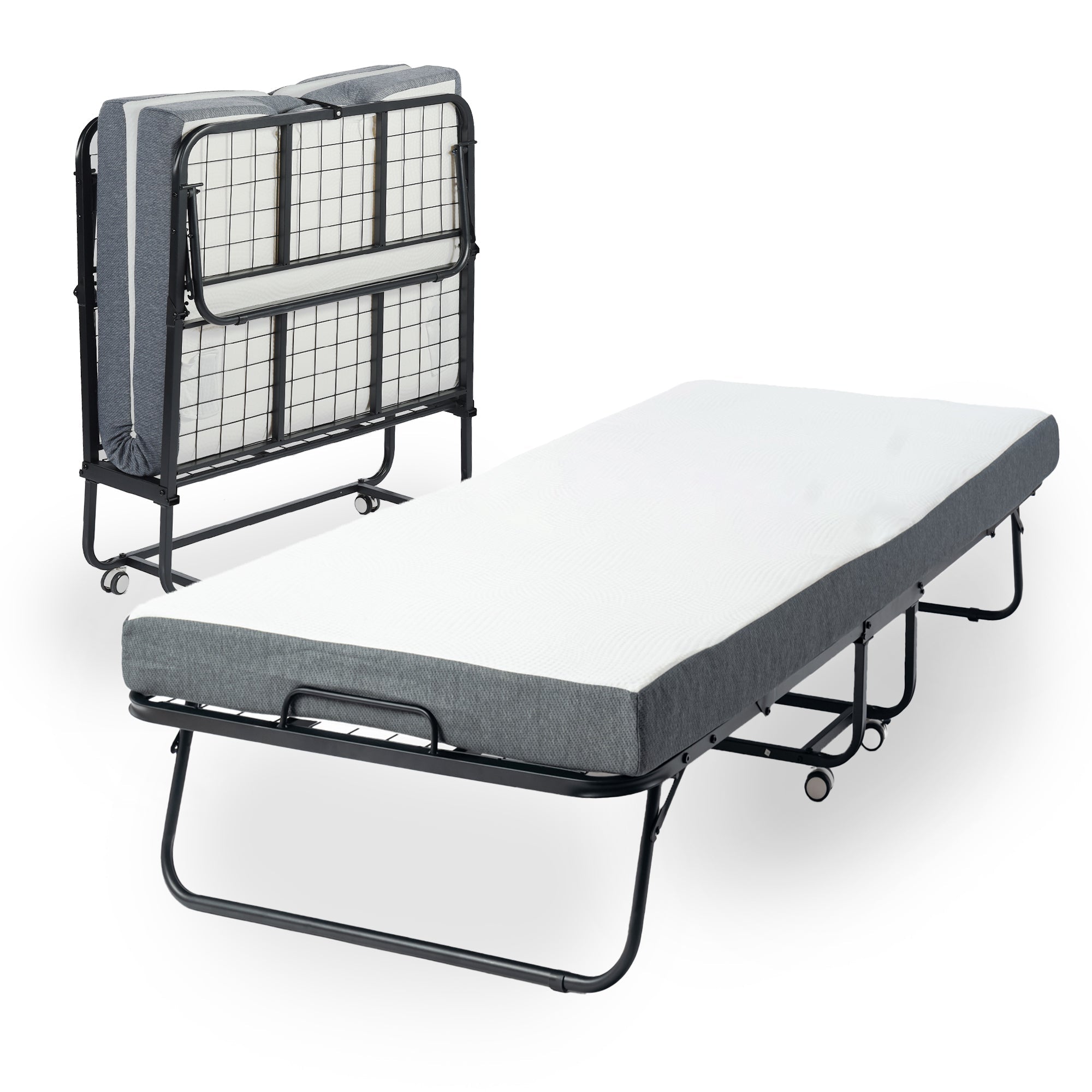 KAREN Rollaway Folding Bed with 4.7“ Mattress, 31" Wide Portable Guest Bed on Wheels, Metal Frame, Space-Saving Foldable Cot, Small Single, Gray