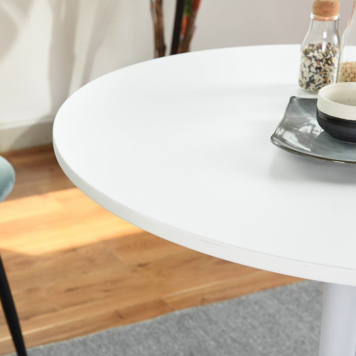 Homy Casa CLIFT+SCARGILL 5PC Dining Set Round White Table with 4 Beige Upholstered Chairs Open Box