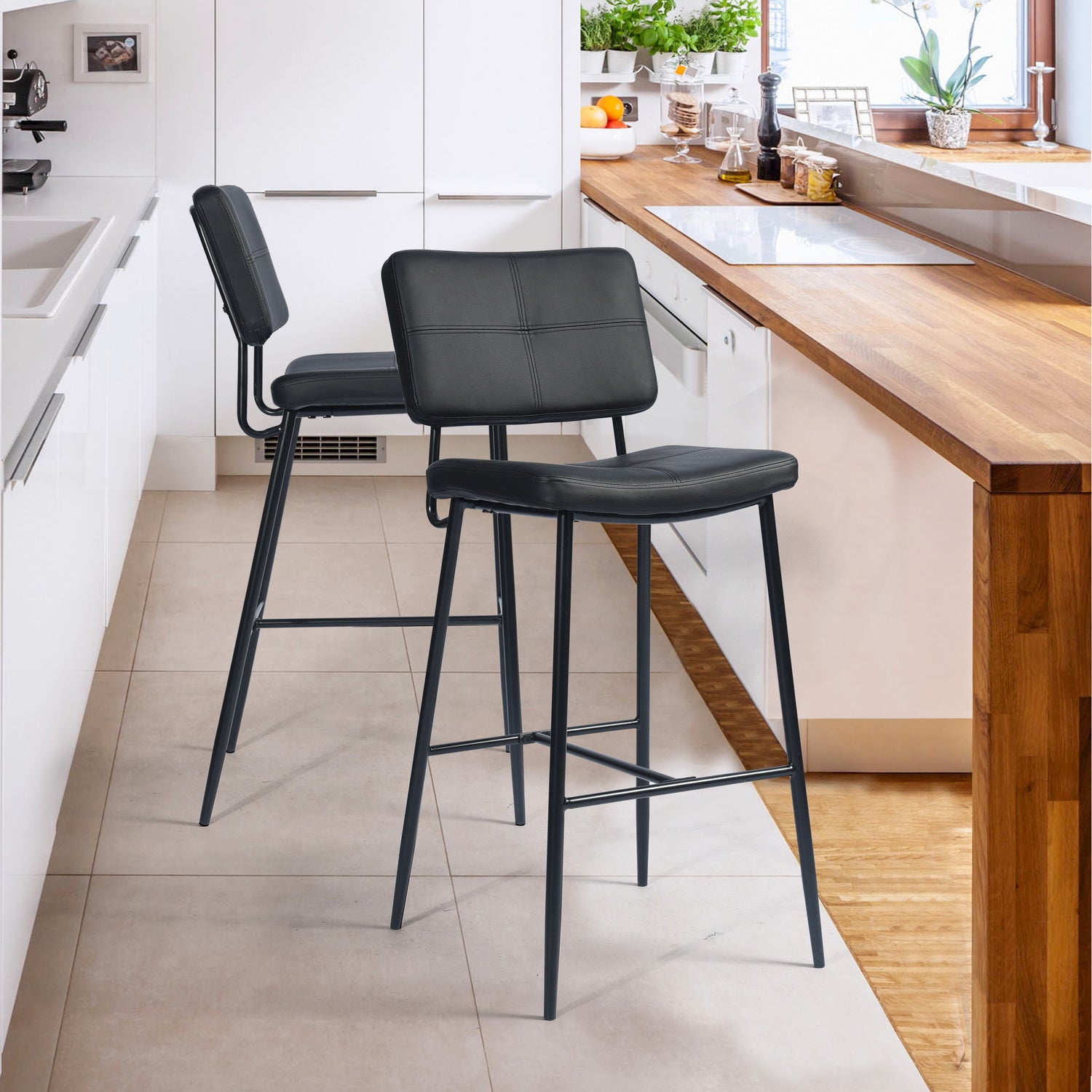Open Box Homy Casa INDEPENDENCE BOUTONBAR PU BLACK 16.93" x 23.23" x 45.47" Modern Bar Stool for Home or Workspace