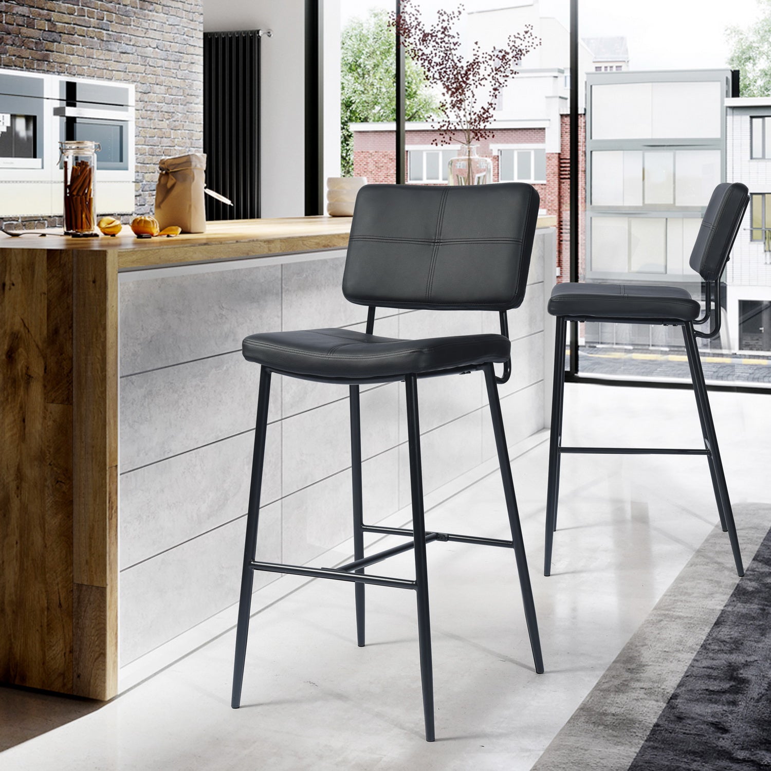 Open Box Homy Casa INDEPENDENCE BOUTONBAR PU BLACK 16.93" x 23.23" x 45.47" Modern Bar Stool for Home or Workspace