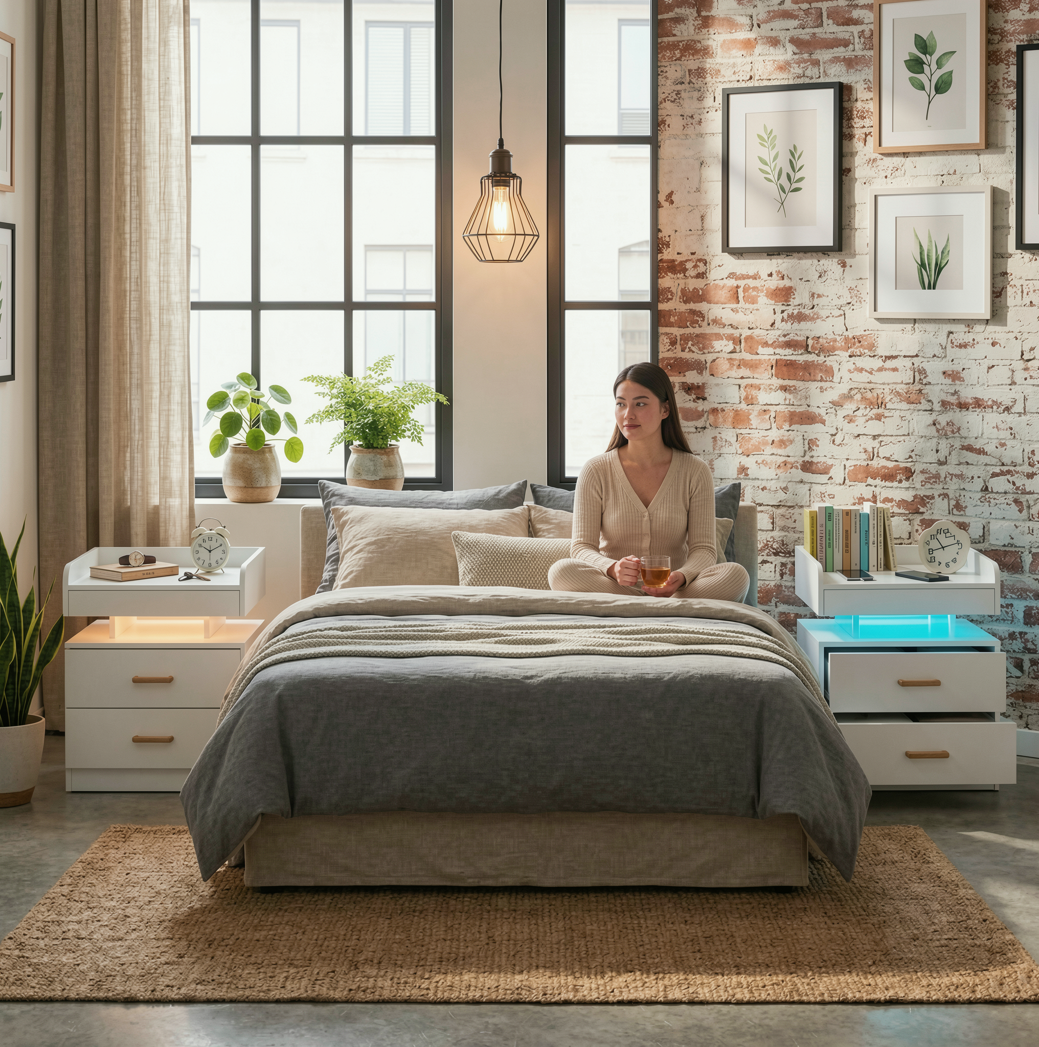 Homy Casa IVERN 2PC White Nightstands with LED Light 2 Drawers for Bedroom