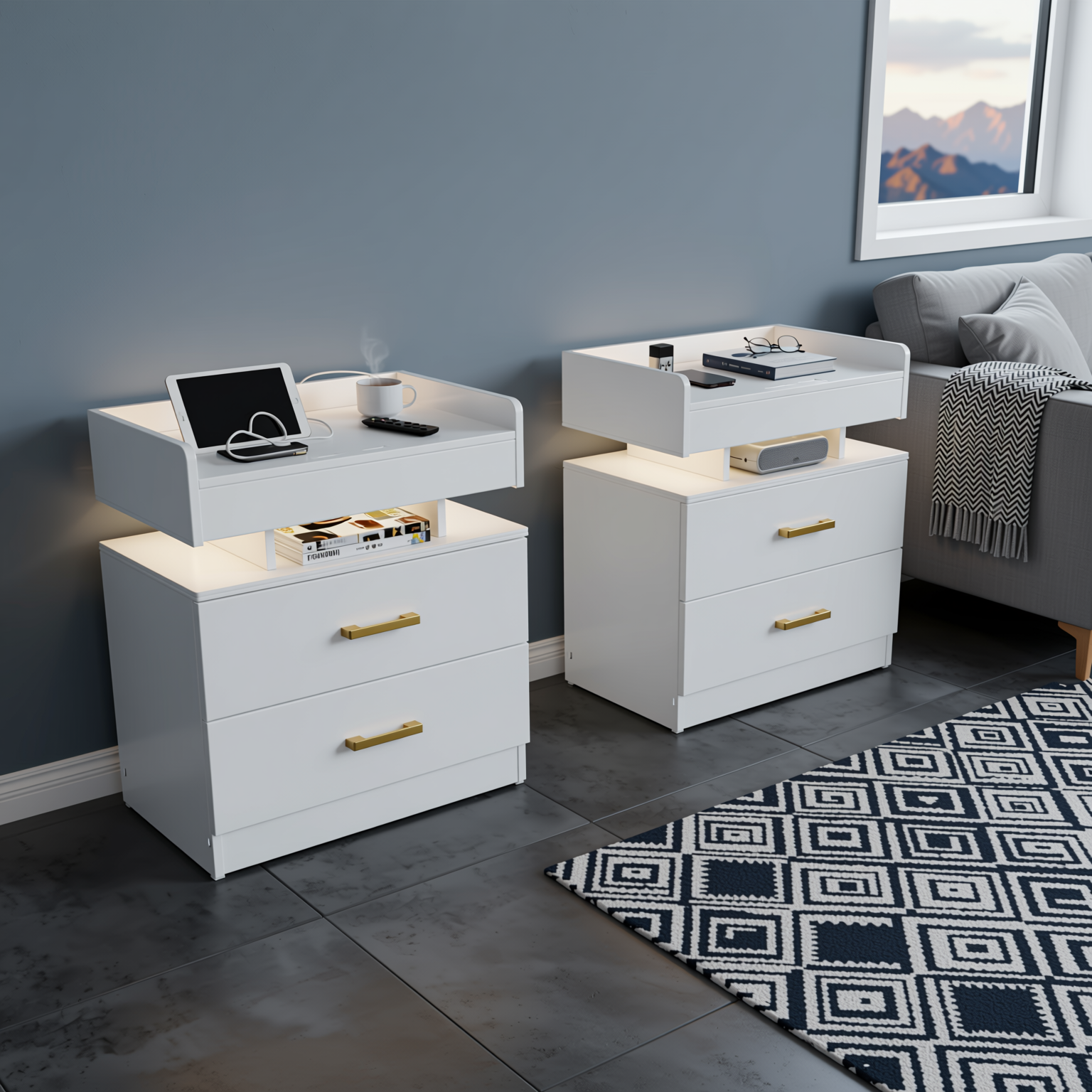 Ivern Modern MDF Nightstand with LED Light, 2 Drawers, White