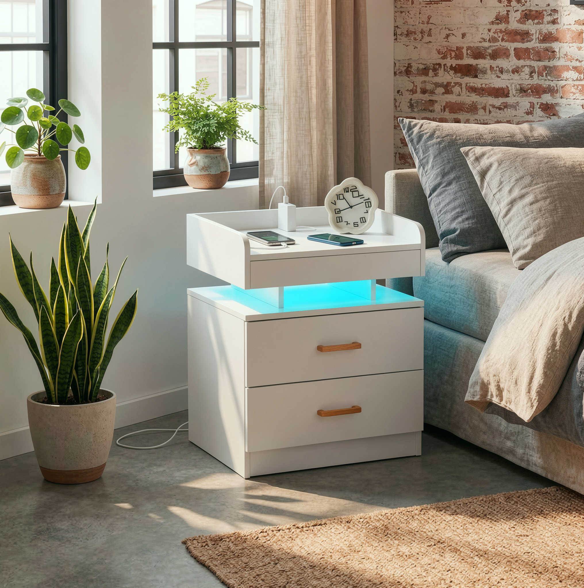 Ivern Modern MDF Nightstand with LED Light, 2 Drawers, White
