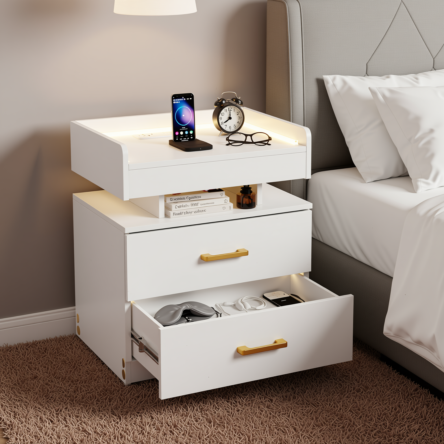 Ivern Modern MDF Nightstand with LED Light, 2 Drawers, White