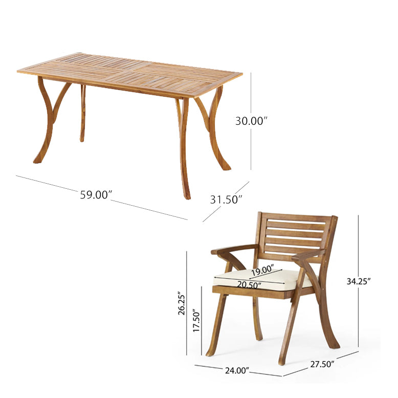 Ibiza 7 Pieces Outdoor Solid Wood Dining Set with Cushion and Curved Legs
