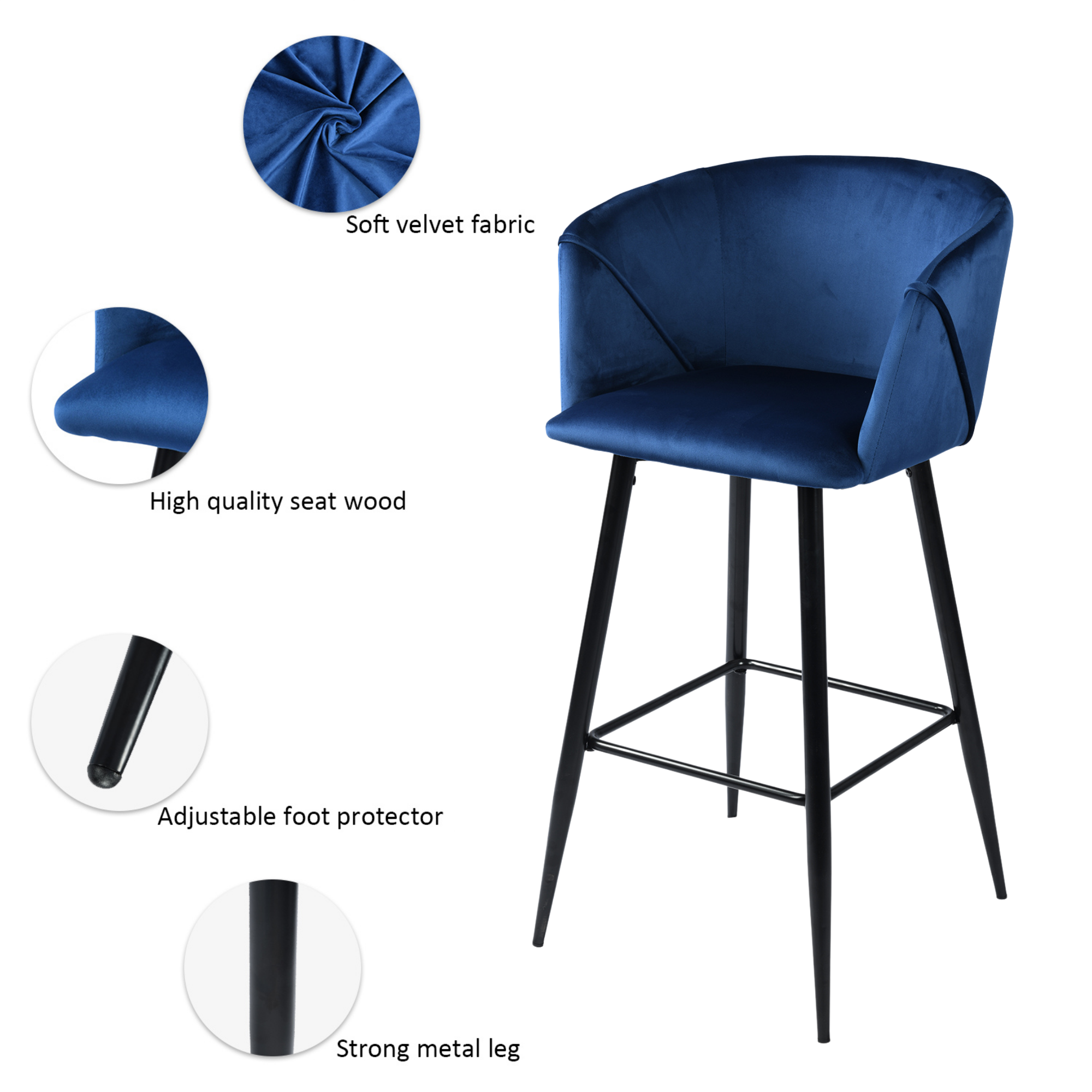 Open Box Homy Casa ALDRIDGE BAR 30" Blue Velvet Bar Stool with Black Legs for Home Bar Seating