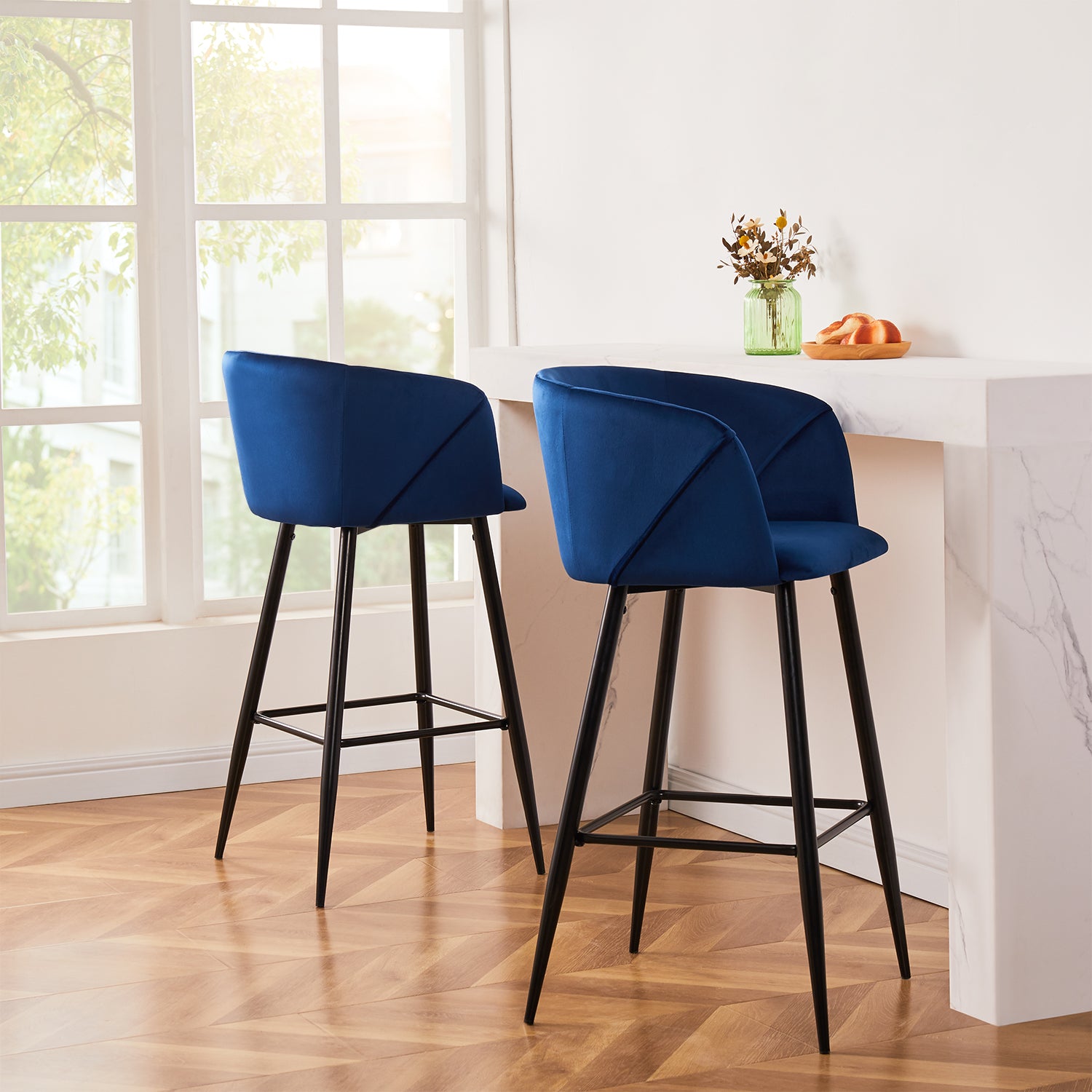 Open Box Homy Casa ALDRIDGE BAR 30" Blue Velvet Bar Stool with Black Legs for Home Bar Seating