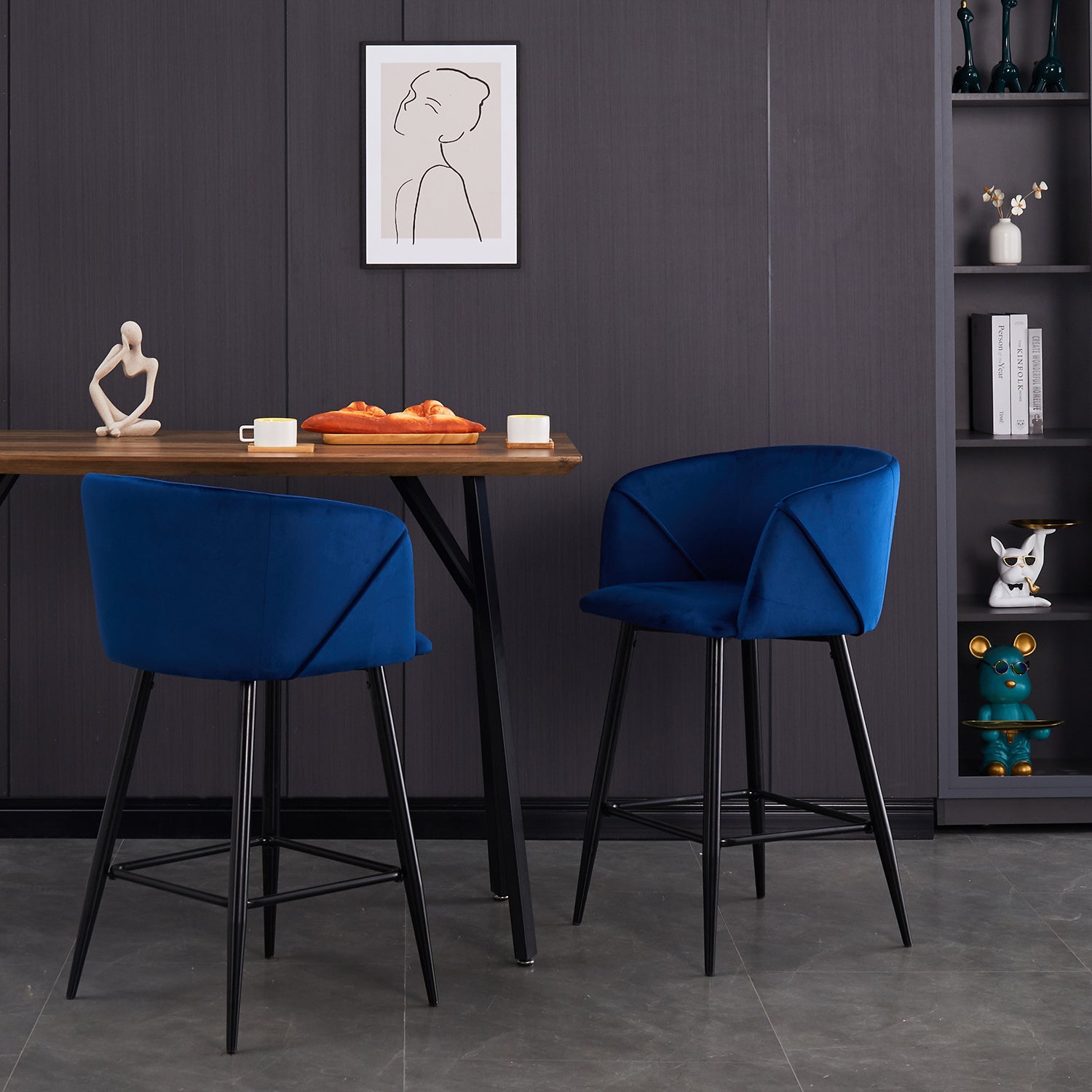 Open Box Homy Casa ALDRIDGE COUNTER 26" Blue Velvet Swivel Barstool for Kitchen Island or Bar