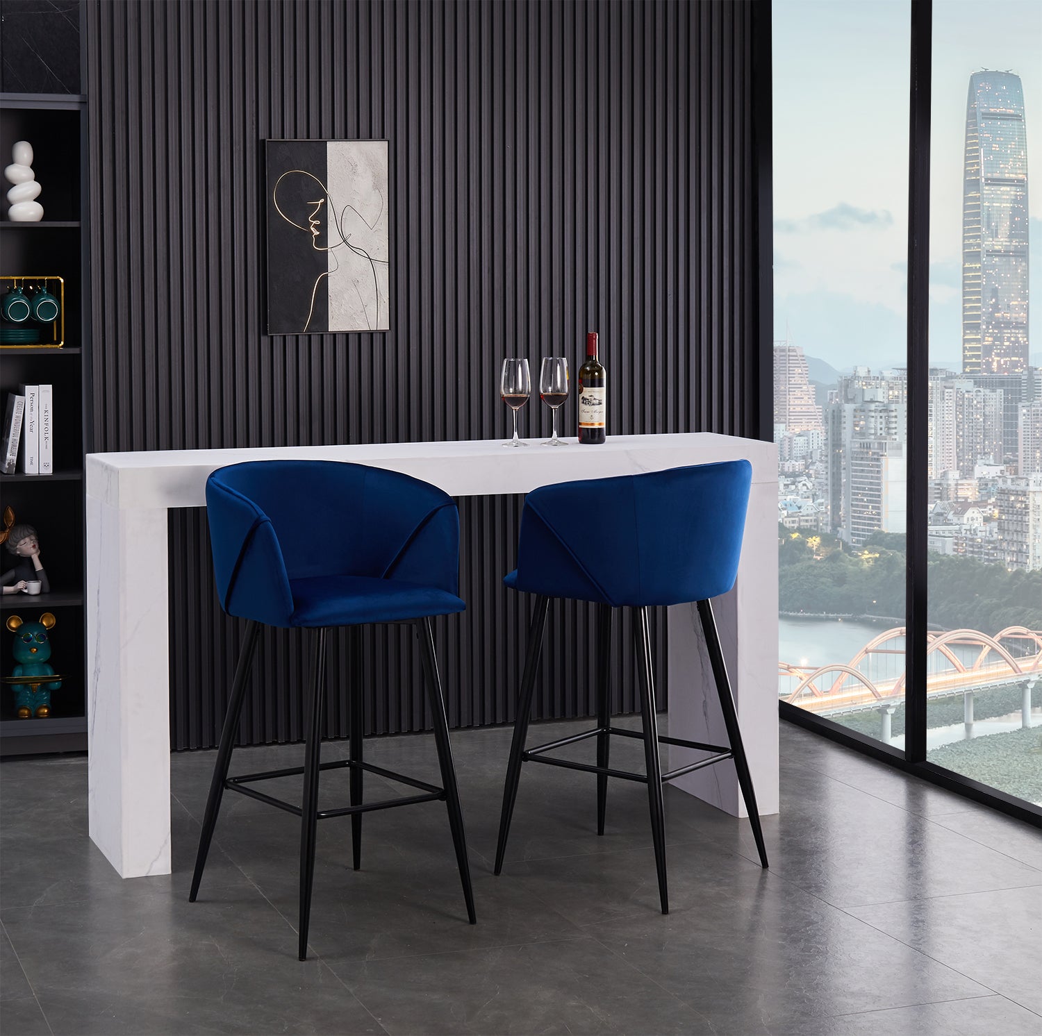 Open Box Homy Casa ALDRIDGE COUNTER 26" Blue Velvet Swivel Barstool for Kitchen Island or Bar