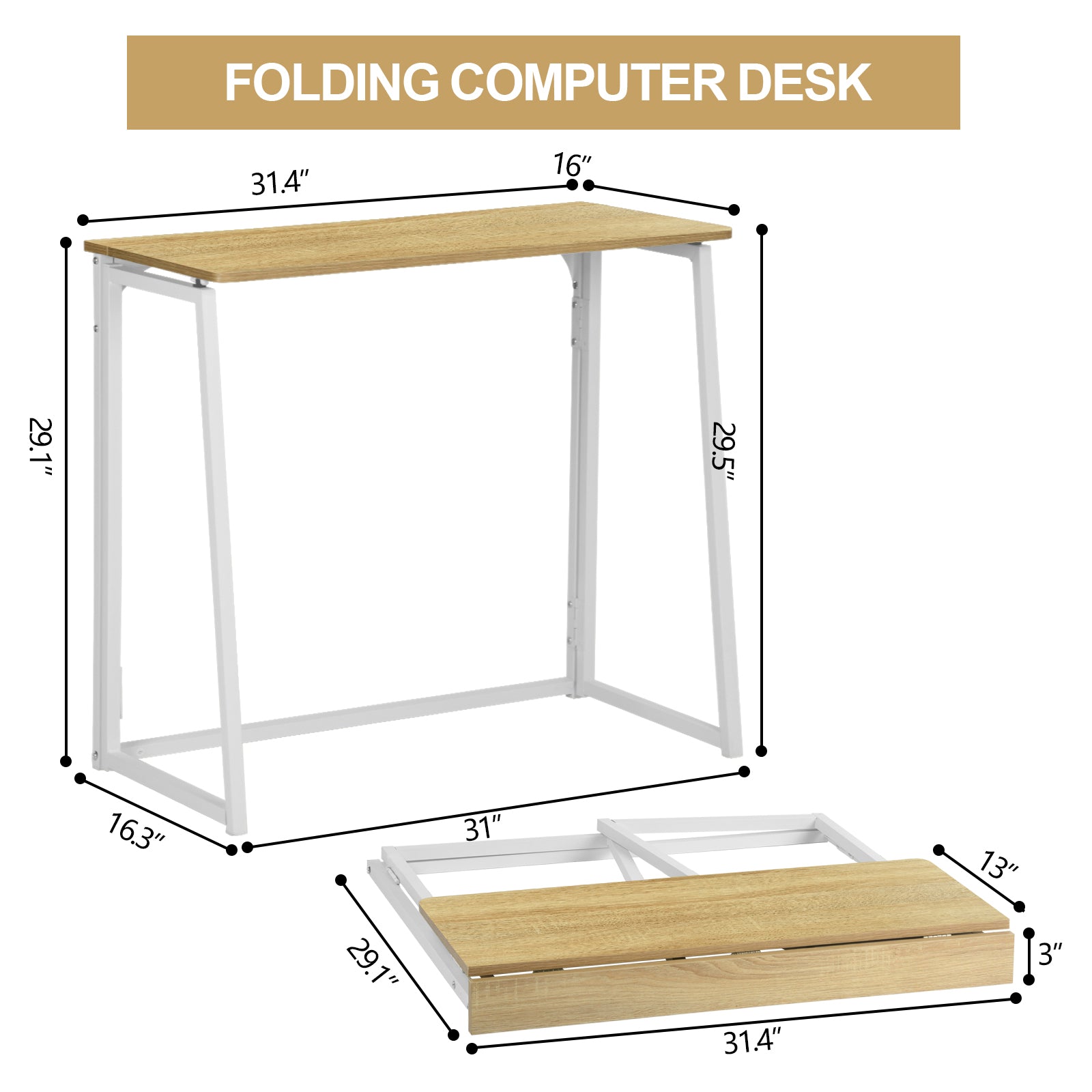 Ascoli 31.4“ Folding Desk Computer Table MDF Table top with Metal Base