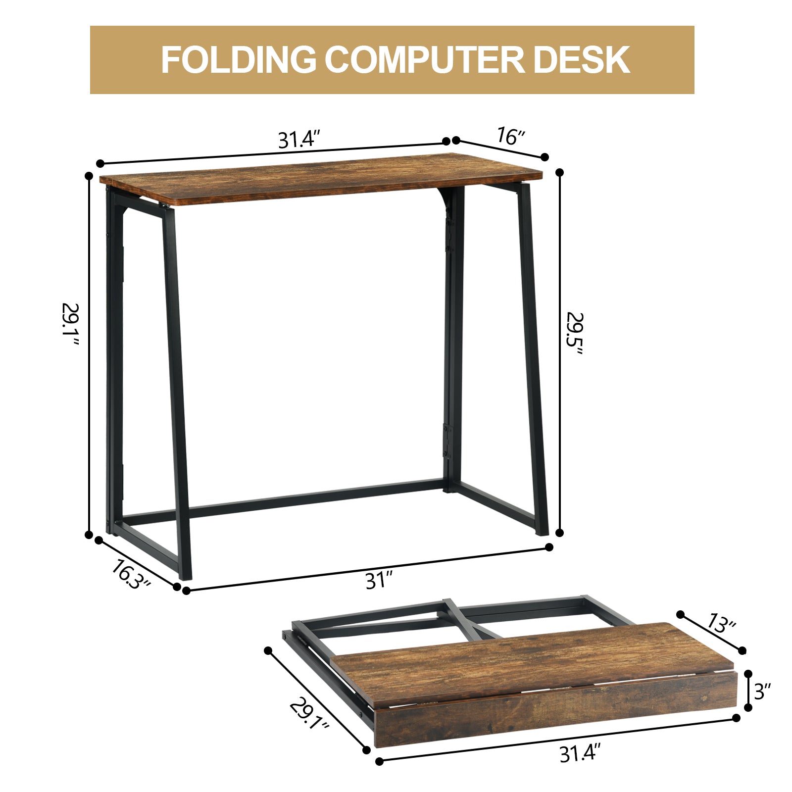 Ascoli 31.4“ Folding Desk Computer Table MDF Table top with Metal Base
