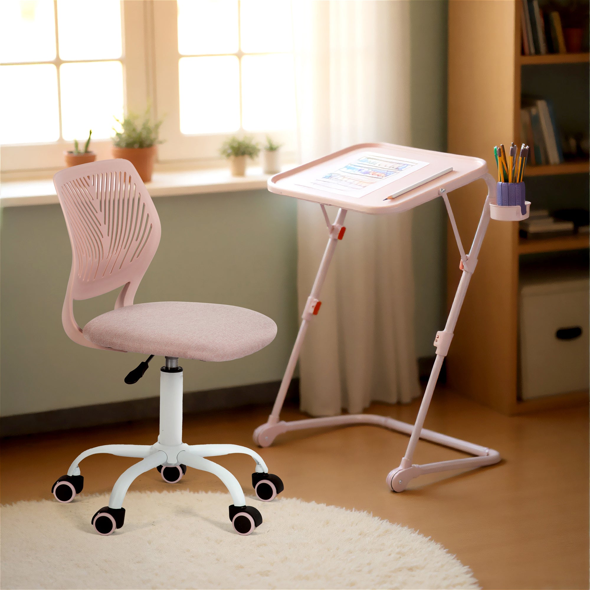 Homy Casa Baseline Study Table Set with Carnation Swivel Upholstered Chair