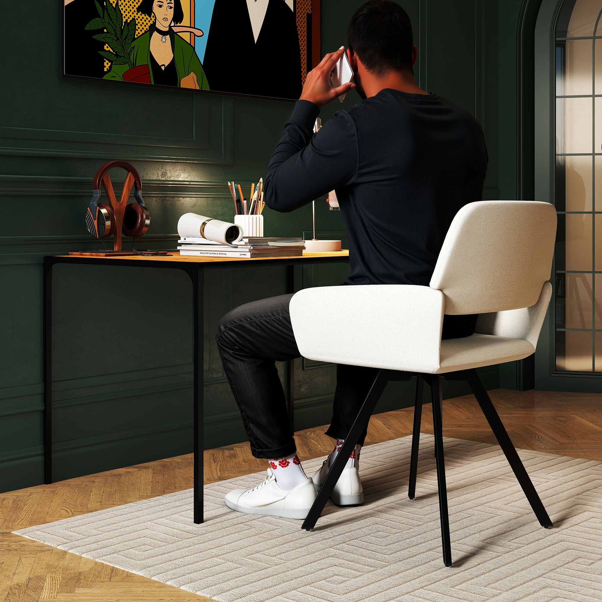 Homy Casa California Set of 2 Swivel Fabric Dining Chairs, Beige