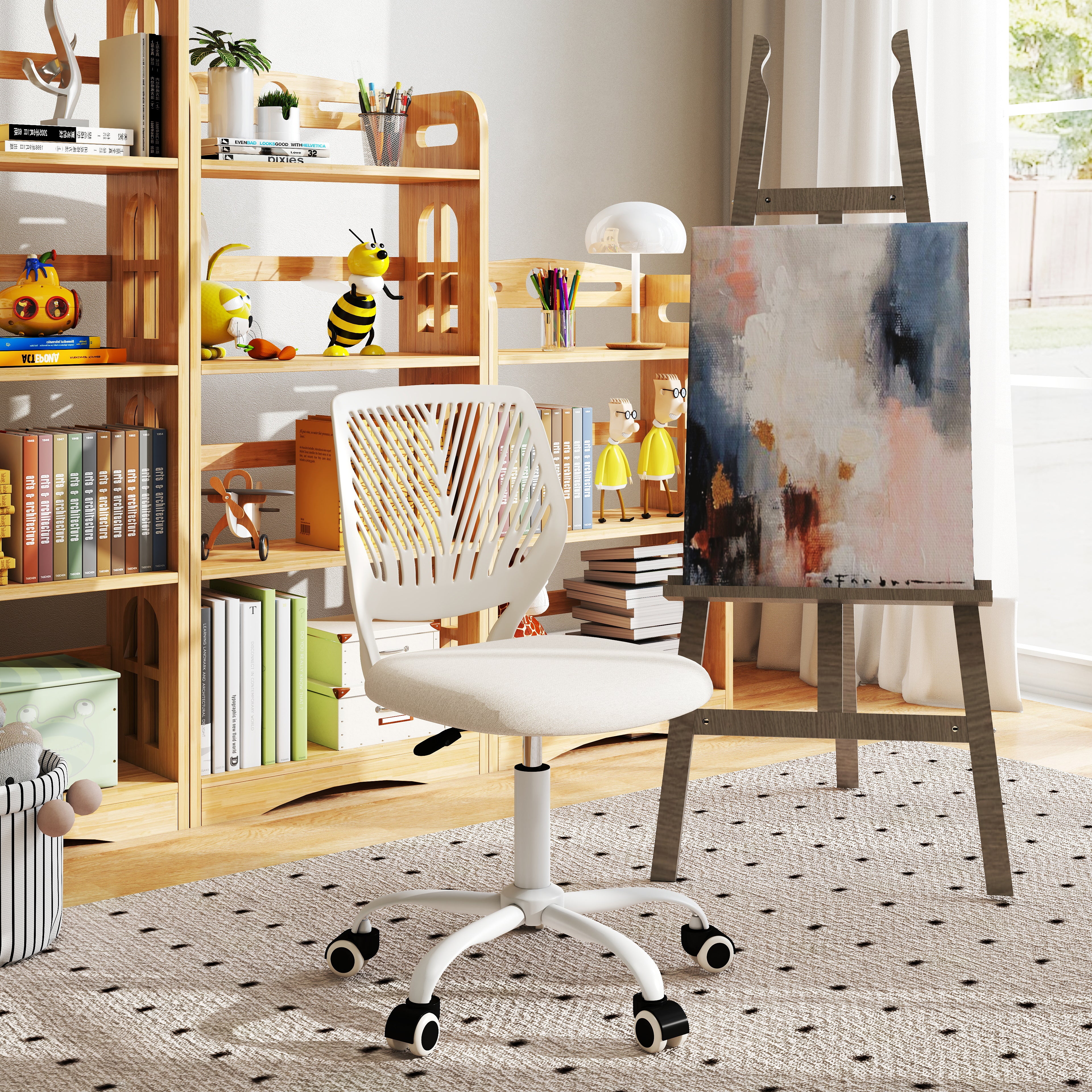 Homy Casa Carnation Adjustable Fabric Task Chair with PU Casters, Beige, Open Box