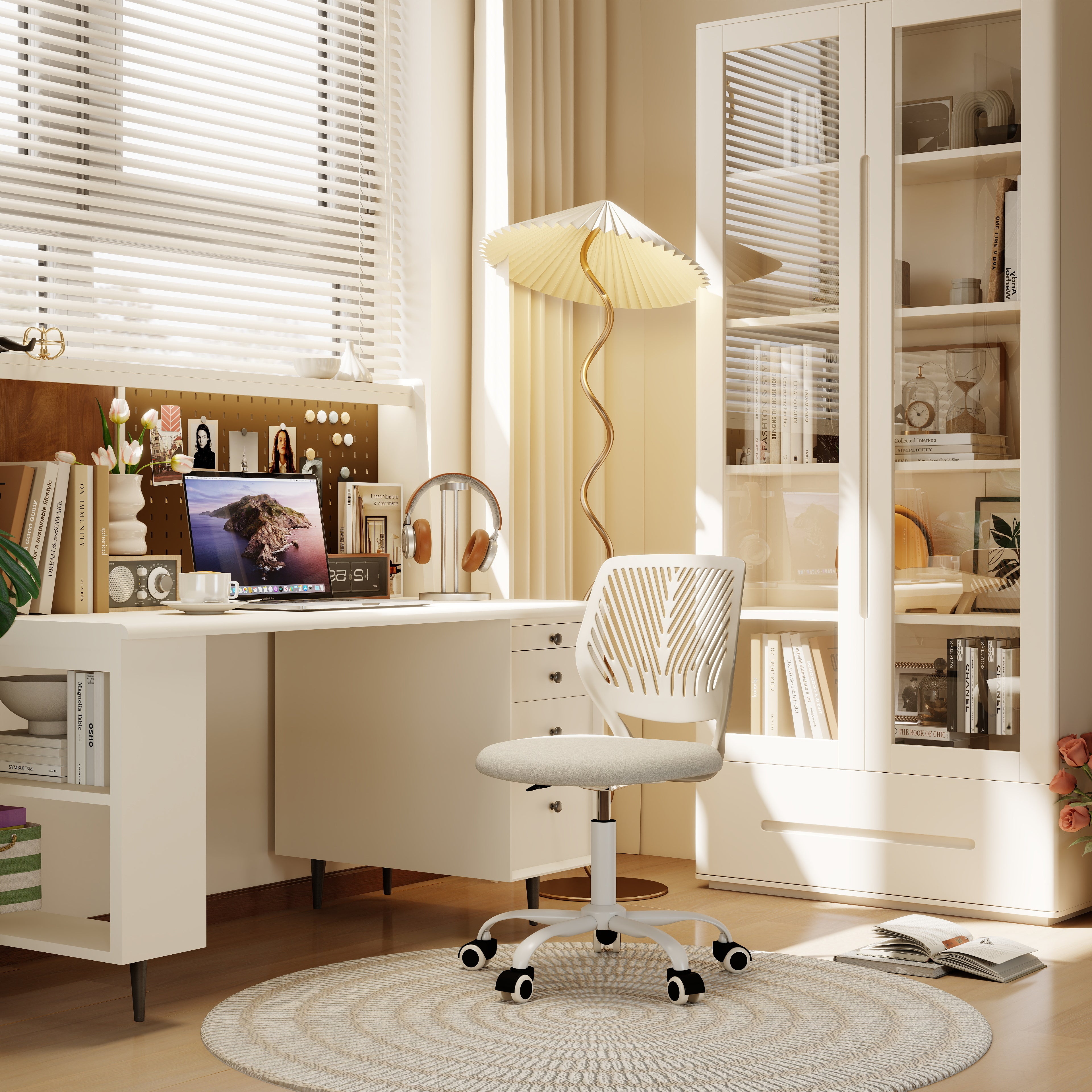 Homy Casa Carnation Adjustable Fabric Task Chair with PU Casters, Beige, Open Box
