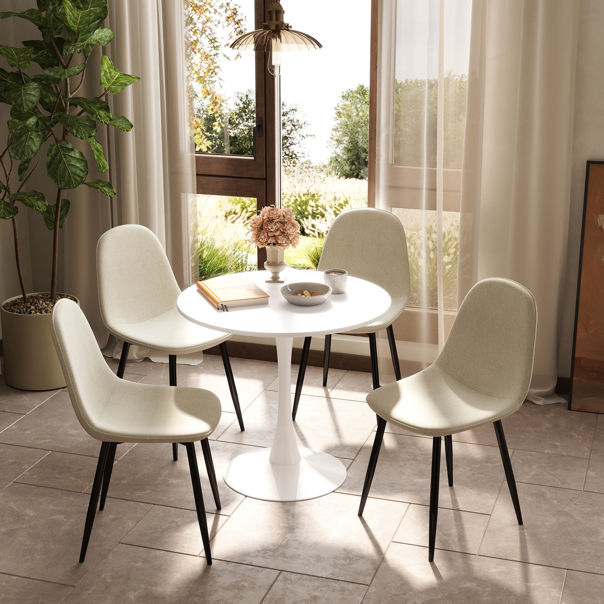 Charlton 4PC Chenille Fabric Dining Chair with Wooden Metal Legs