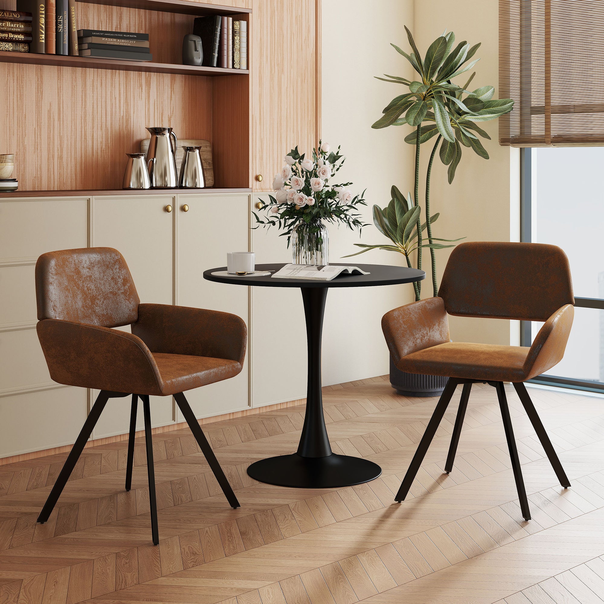 Clift 3 Piece Black Dining Table Set with 2 California Chairs, Suede Brown