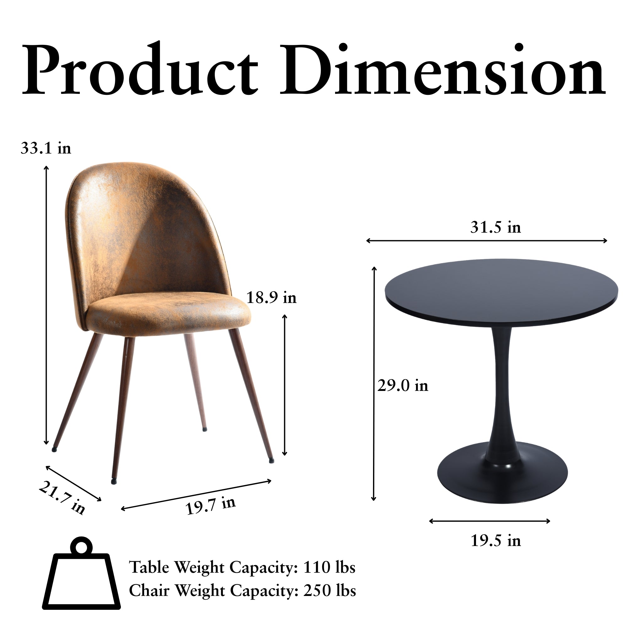 Clift 3 Piece Black Dining Table Set with 2 Haven Chairs, Suede Brown