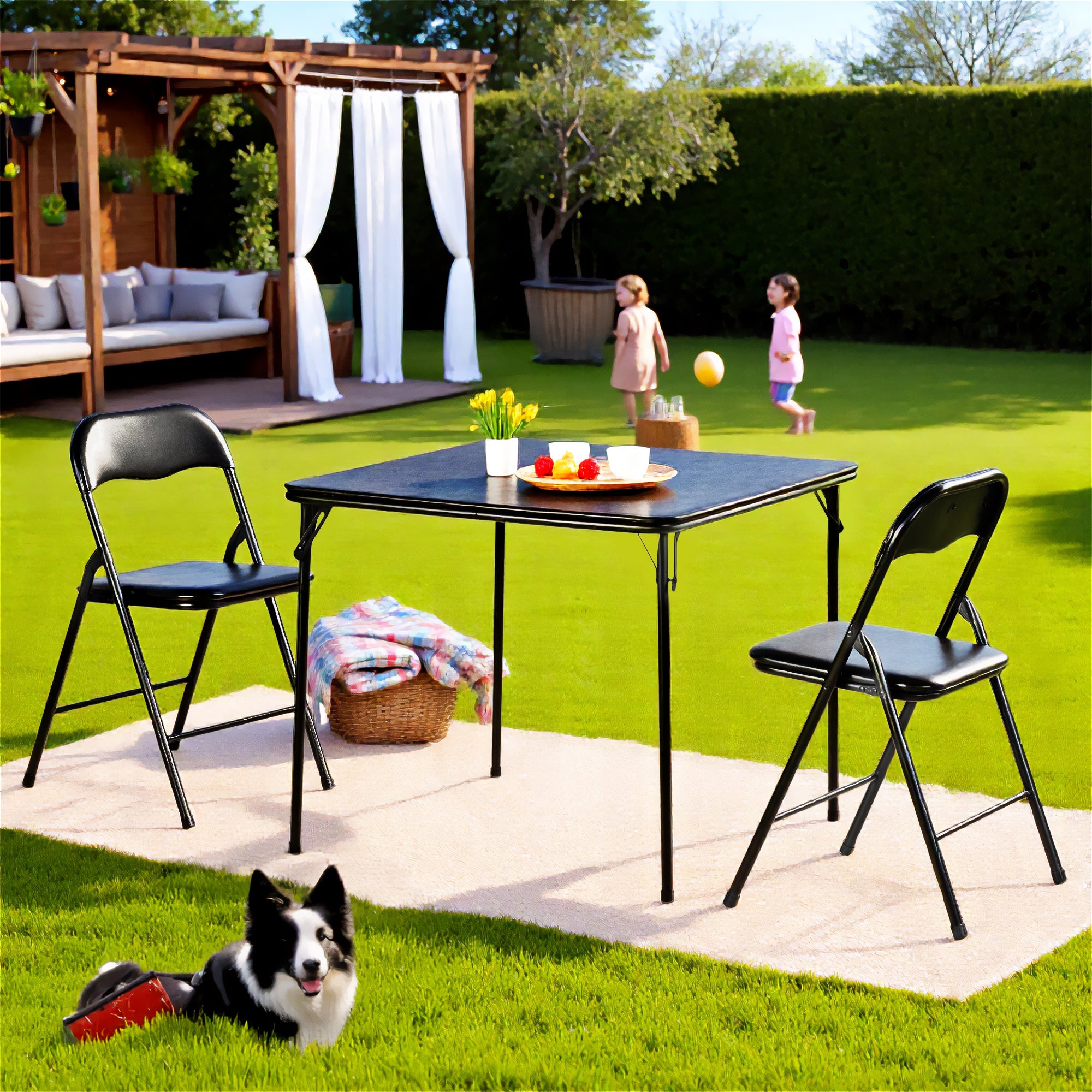 Homy Casa FERN Folding Patio Dining Set with PVC Chairs, Black