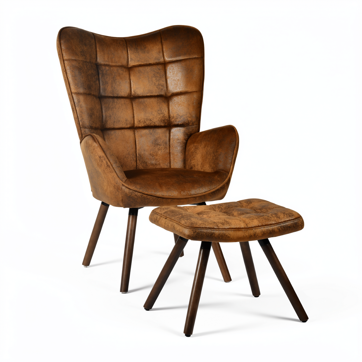 Harison Upholstered Wingback Accent Chair with Ottoman and Solid Beech Wood Legs