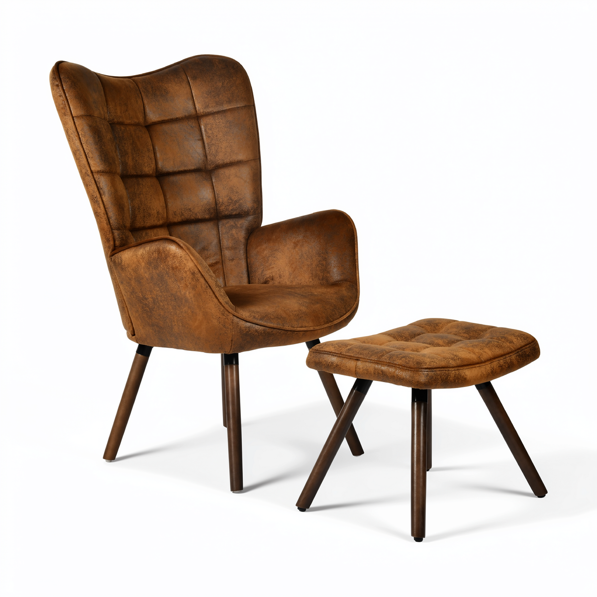 Harison Upholstered Wingback Accent Chair with Ottoman and Solid Beech Wood Legs