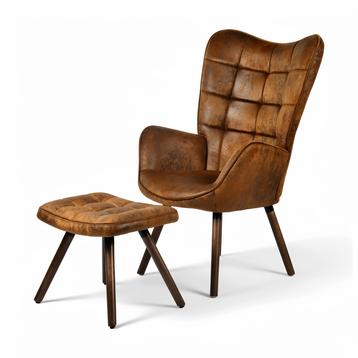 Harison Upholstered Wingback Accent Chair with Ottoman and Solid Beech Wood Legs